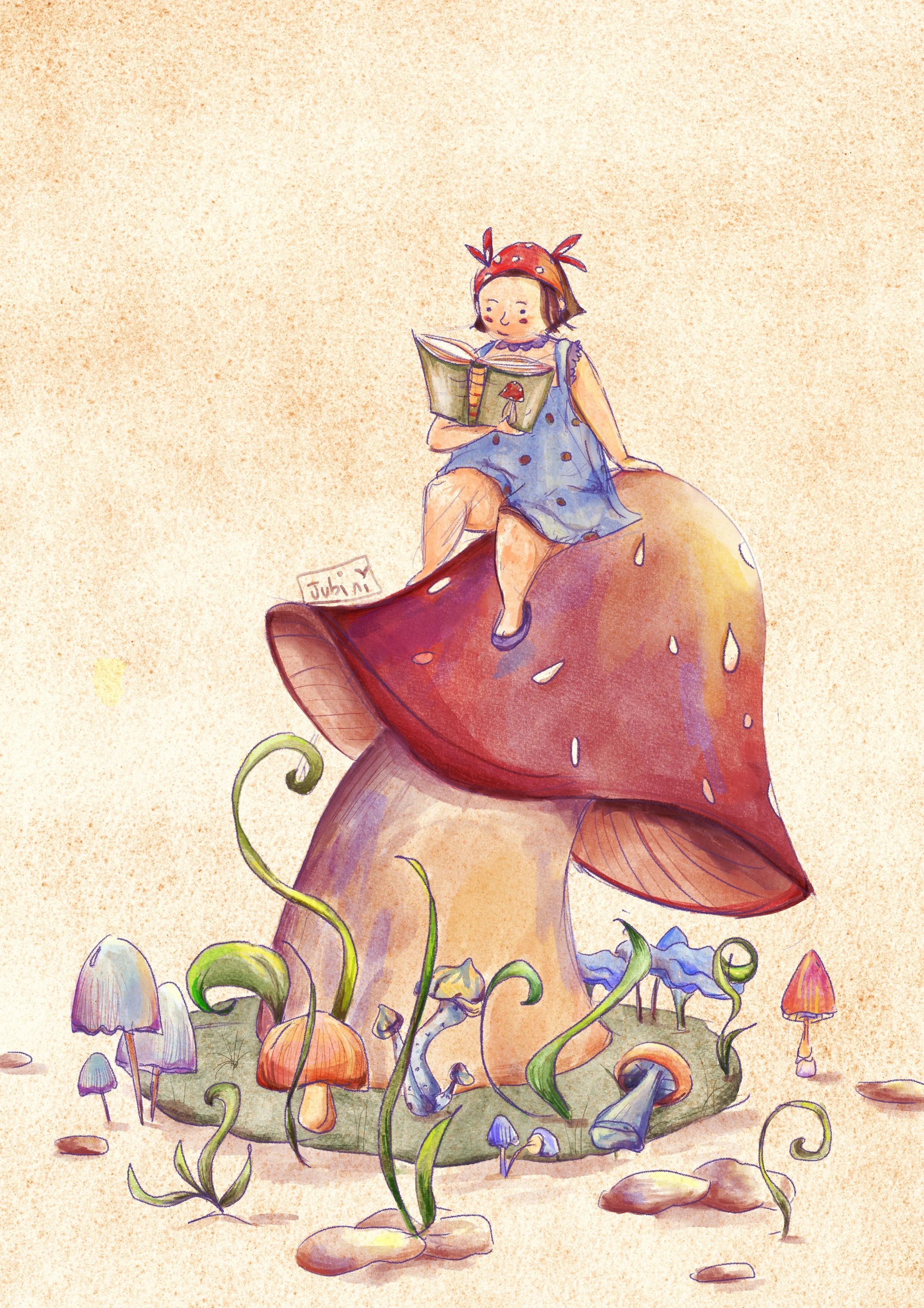 Una bambina seduta su un fungo gigante, che legge un libro, circondata da vari funghi di colori diversi.