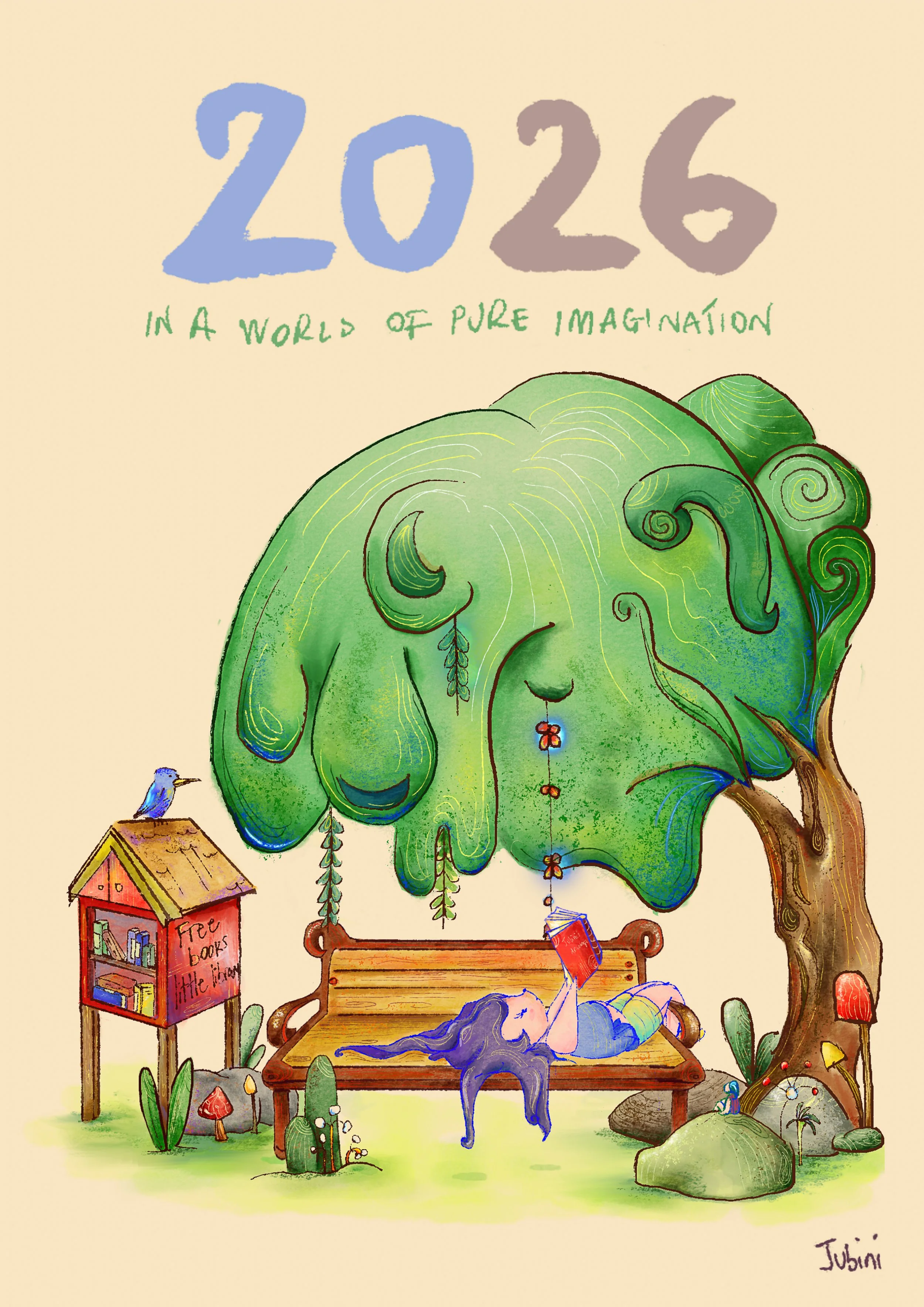 An illustration featuring the text “2026 in a world of pure imagination” and a large green tree with leaves, beneath which a girl with long purple hair is lying on a bench while reading a book; there is also a little house made of books and  blu bird