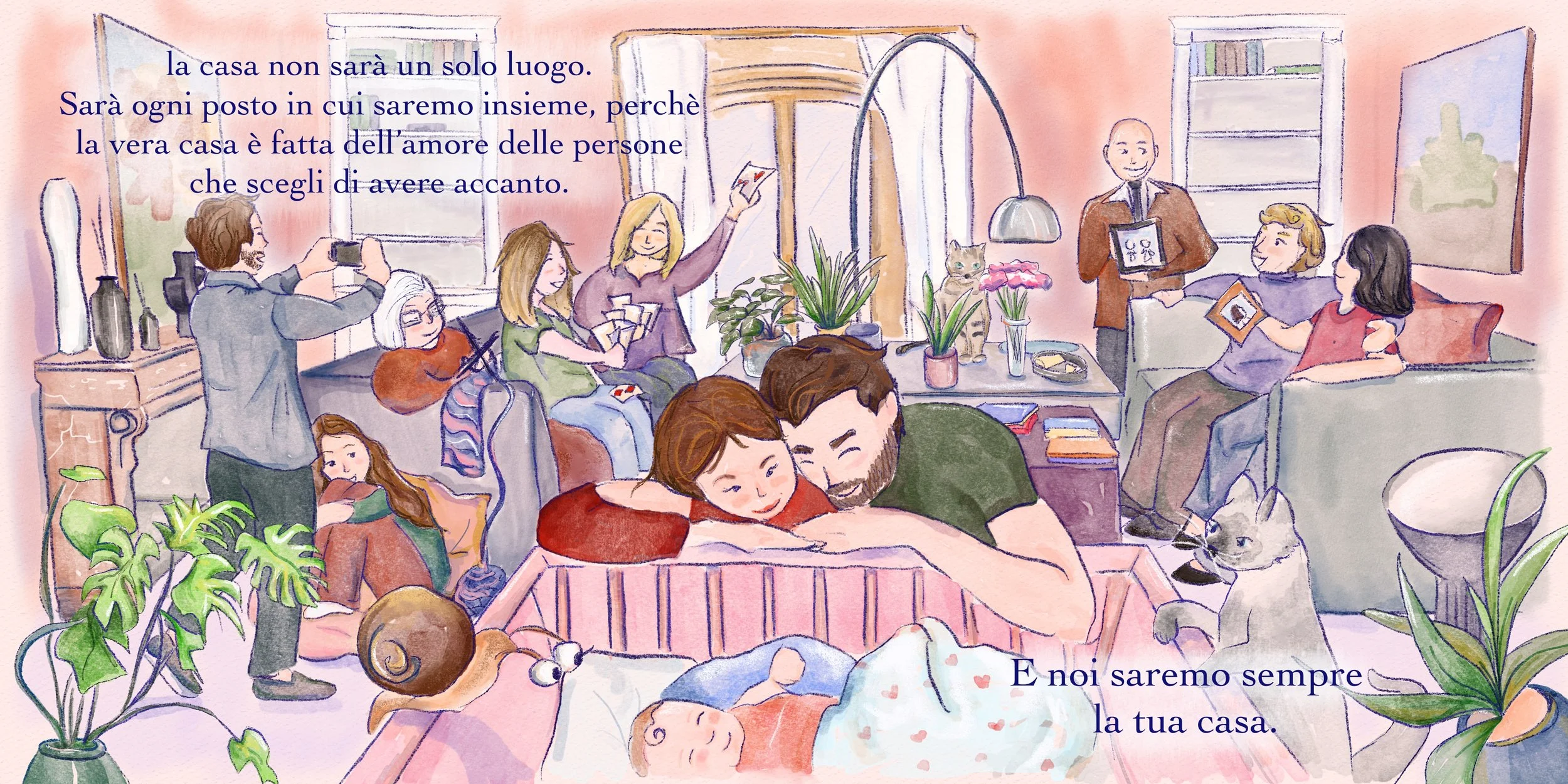 Un'immagine colorata di una stanza con molte persone che si divertono, alcune che scattano foto, alcune che cantano, e altre che chiacchierano, ci sono piante e un gatto, e le pareti sono rosa con dipinti.