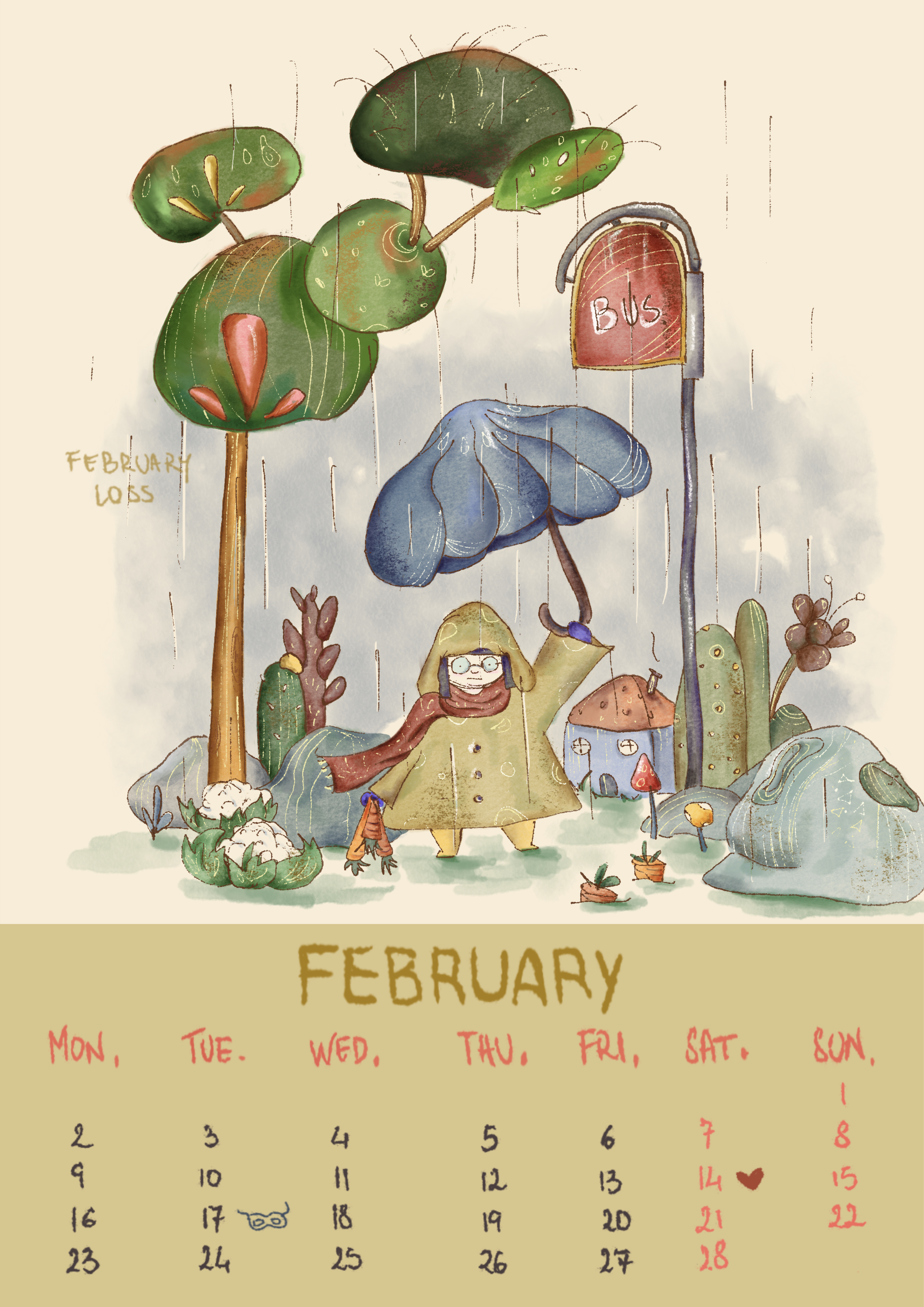 Una mappa illustrata di un paesaggio con alberi e una casetta, con un personaggio bambino con occhiali e cappello giallo, e un cartello con scritto 'Bus'. In alto a sinistra c'è la scritta 'Febbraio' e 'Loss'. Sotto c'è un calendario del mese di febb
