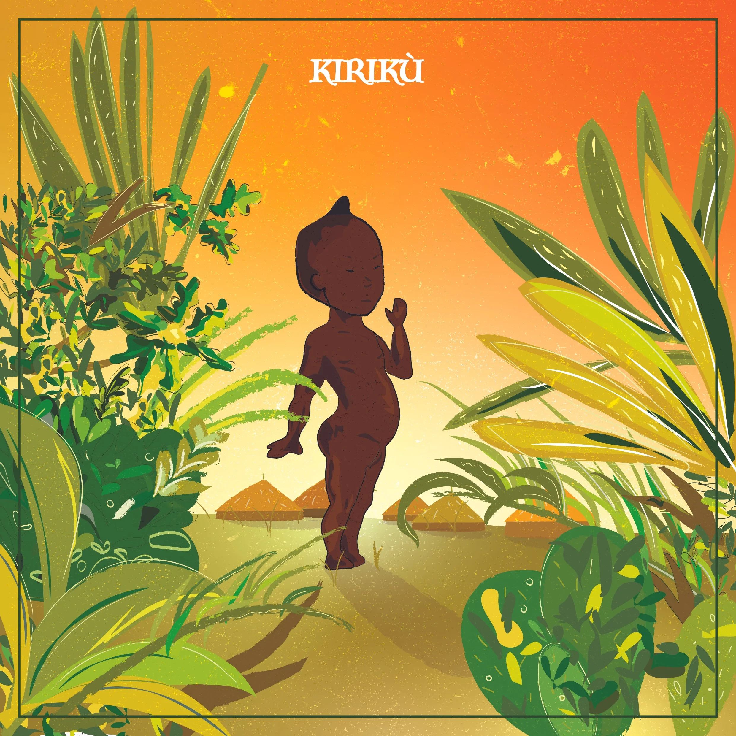 Illustration of a small naked child among lush plants in a tropical landscape with an orange sky.