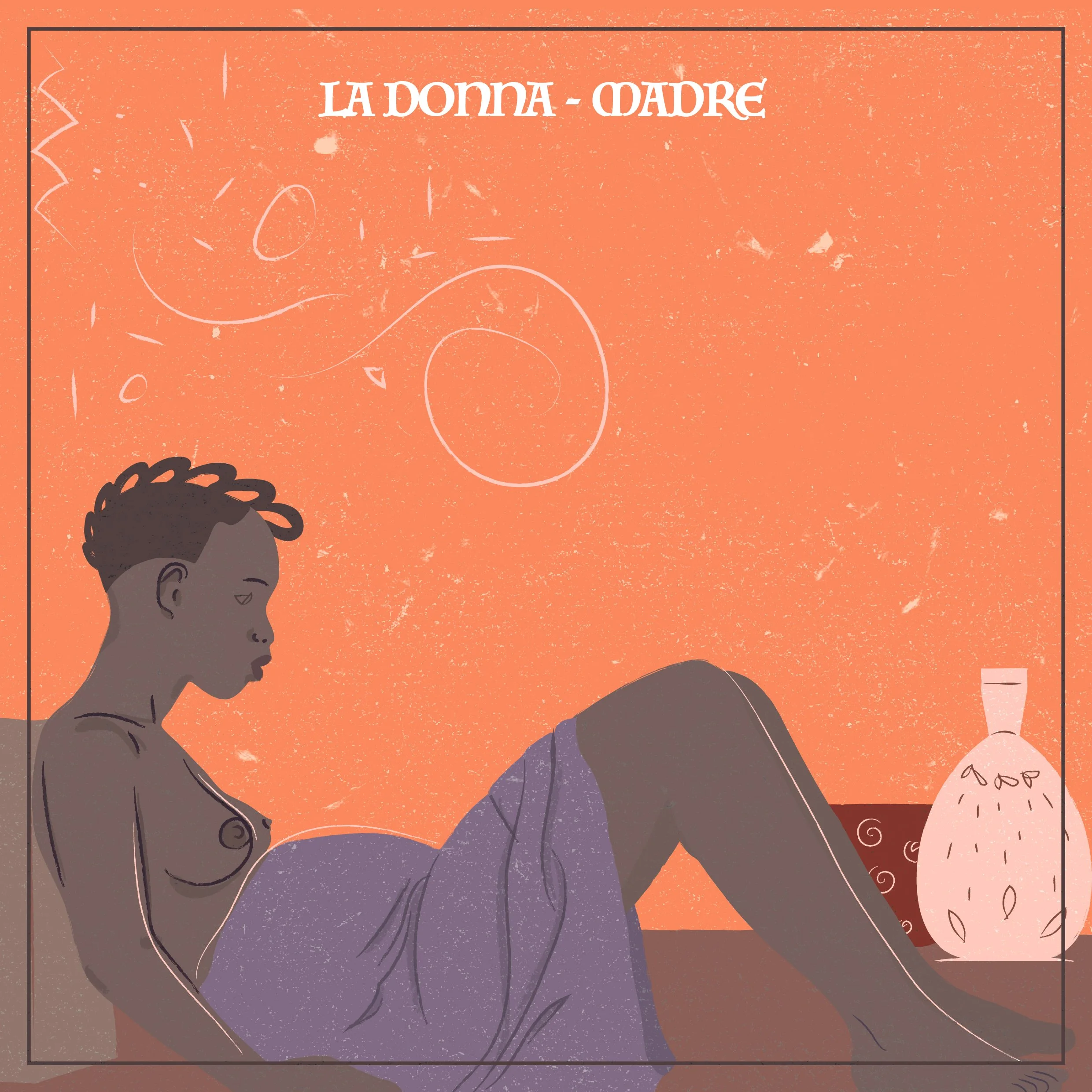 Illustrazione di una donna con cappello e ombrello che tiene in mano un foglio, sfondo arancione con schizzi di nuvole e cerchi, testo in italiano 'La Donna-Madre'.