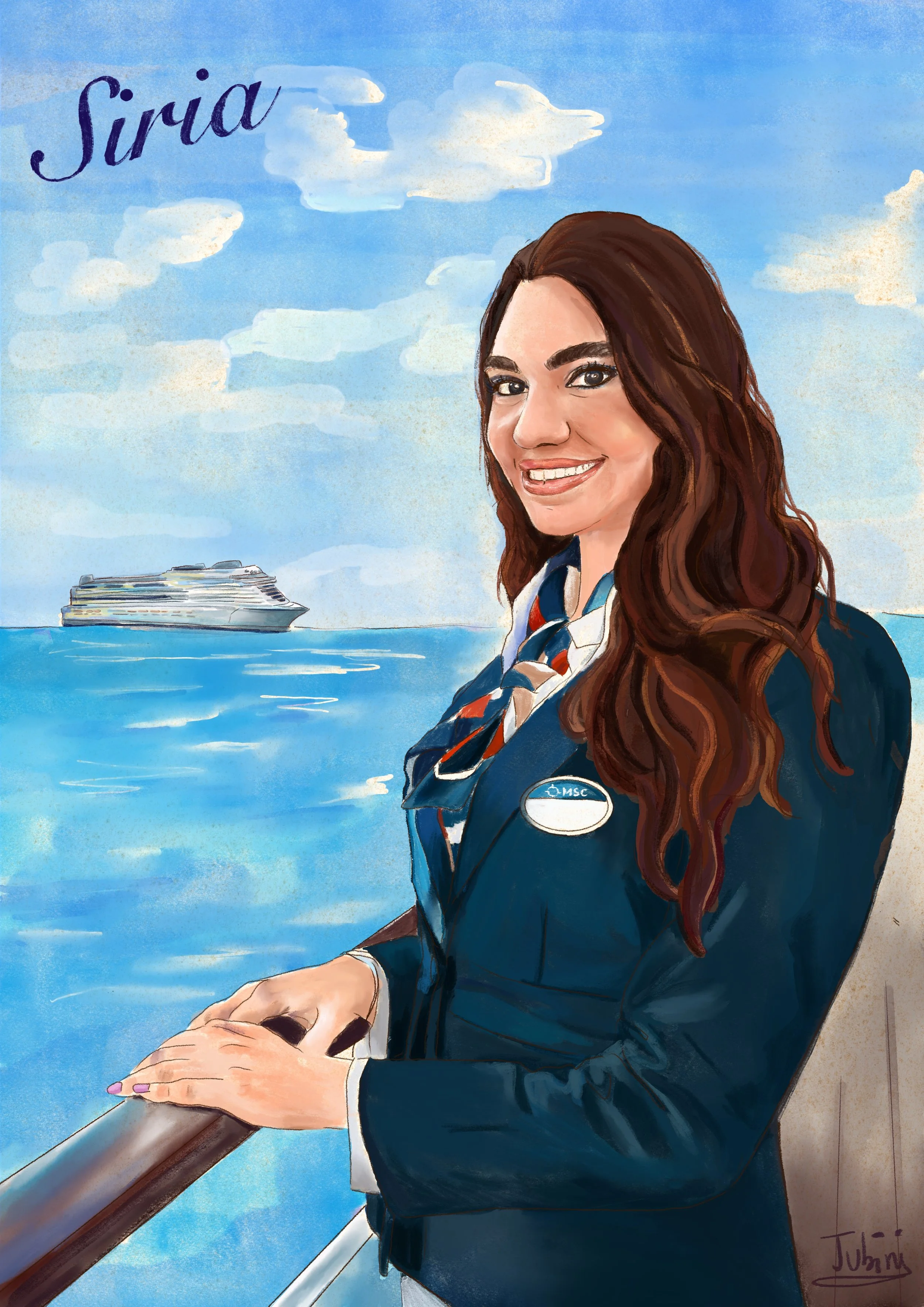 Portrait of a woman with long brown hair, a smile, and a flight attendant's uniform with a name tag, looking toward the camera, set against the sea with a cruise ship in the distance and a cloudy sky.