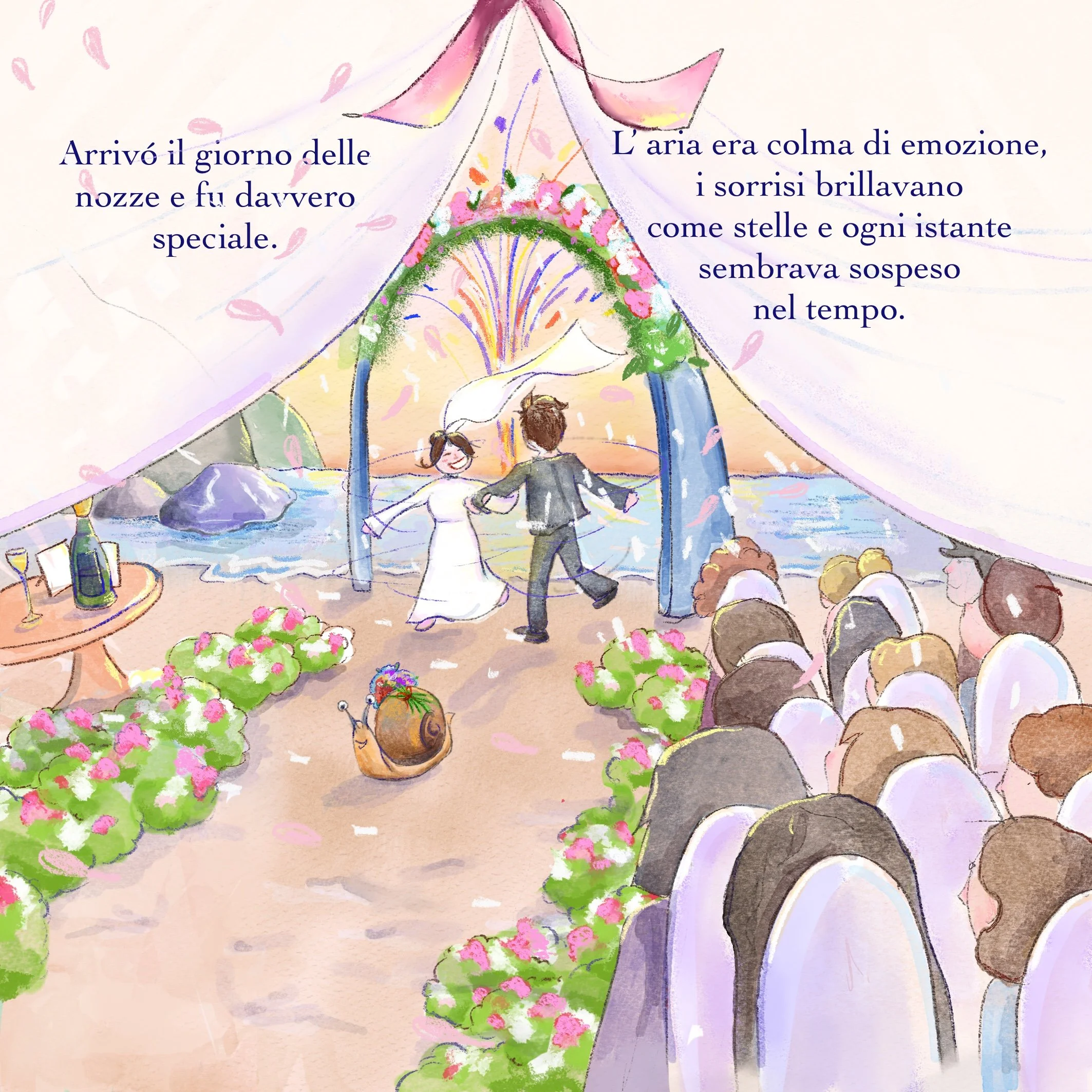 Un'illustrazione romantica di un giorno di nozze in una notte magica sotto una tenda decorata con fiori rosa e verdi, con una coppia felice che si tiene per mano e balla, mentre intorno ci sono amici e decorazioni floreali.
