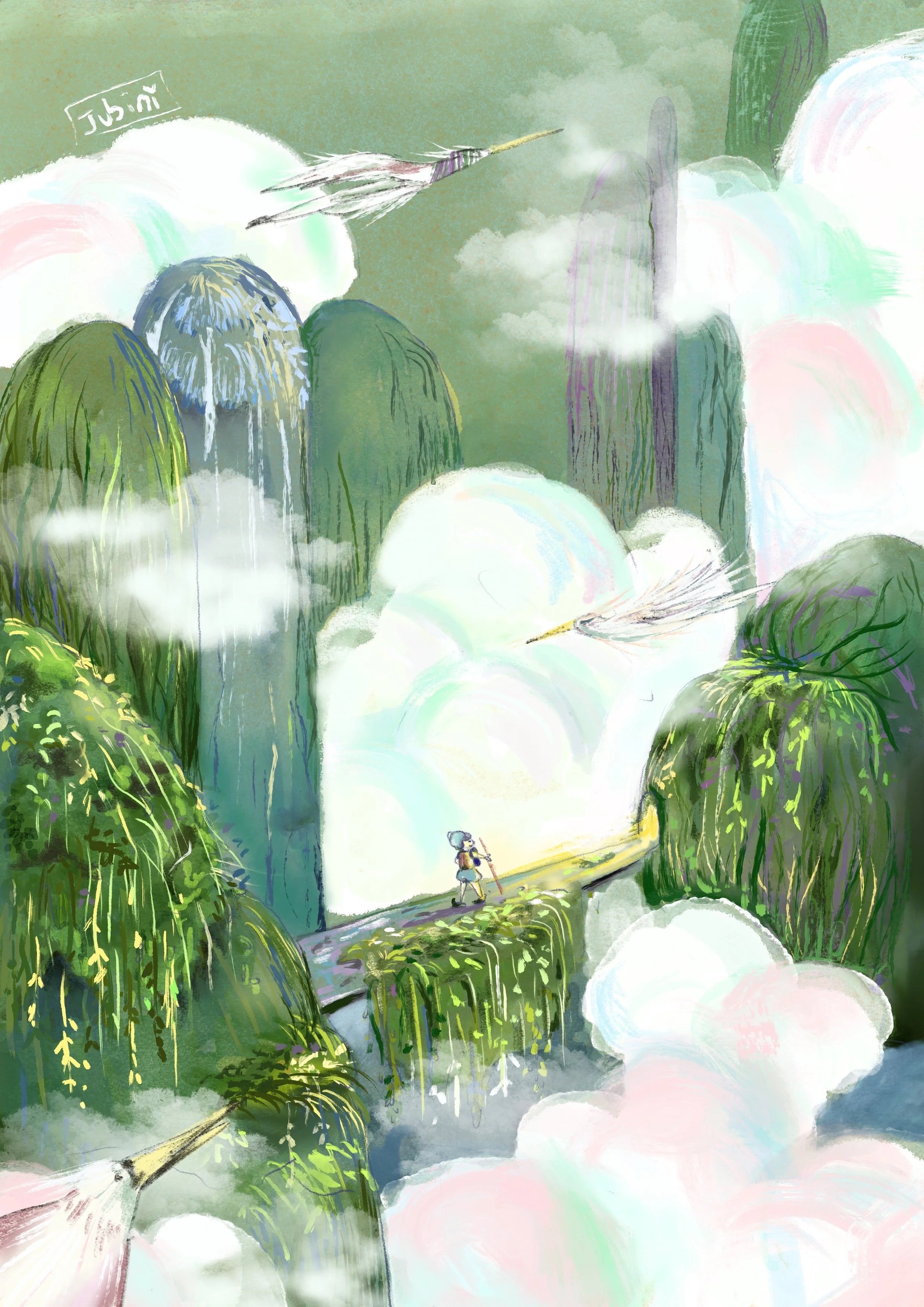 Una scena artistica di un paesaggio montano con cascate e un personaggio con un cappello che cammina su un sentiero, circondato da fitti alberi e accenni di dettagli come nuvole o nebbia.