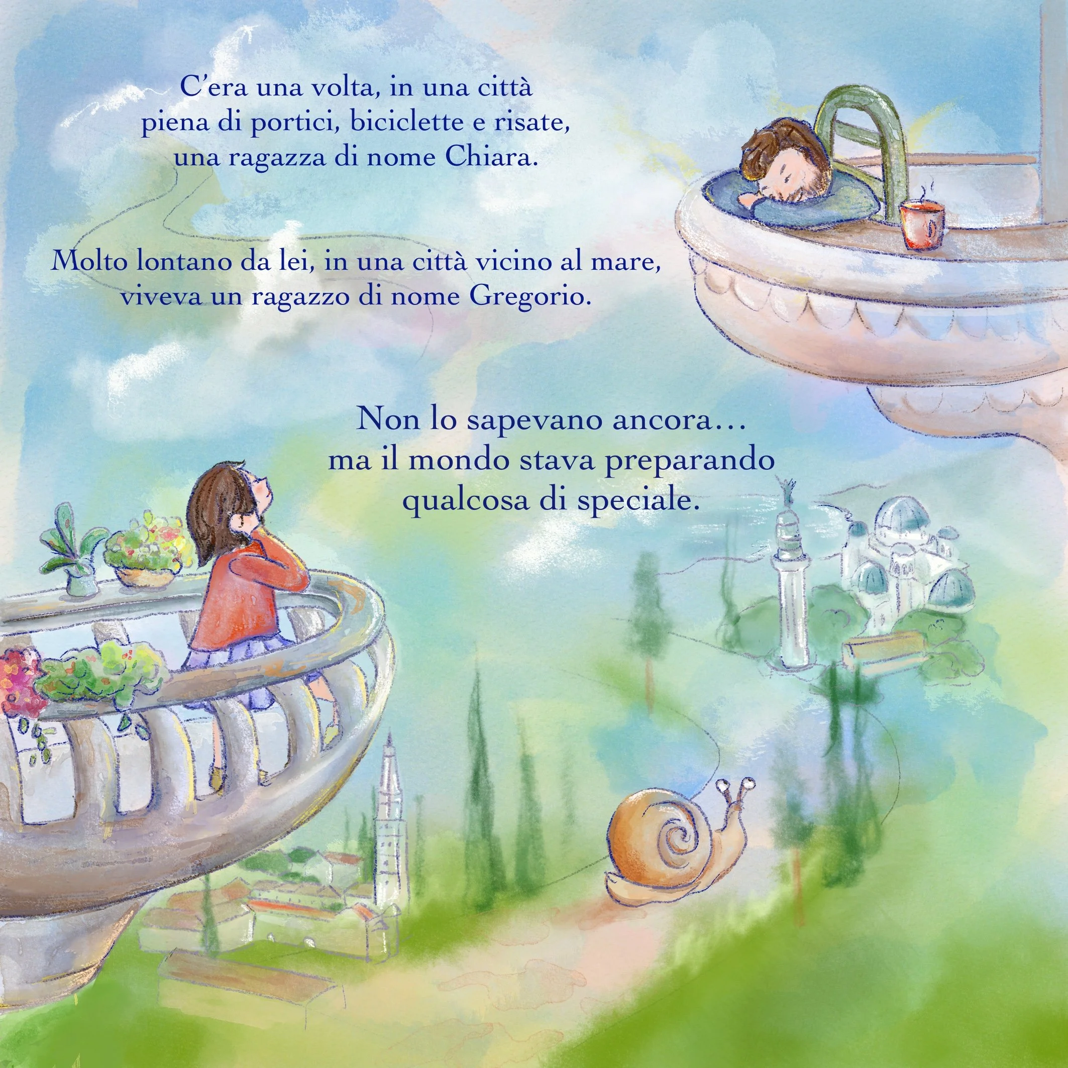 Un'illustrazione colorata di una ragazza che si trova su una panchina vicino a un giardino, mentre un'altra ragazza dorme su una tazza appoggiata su un balcone con ornamenti decorativi.