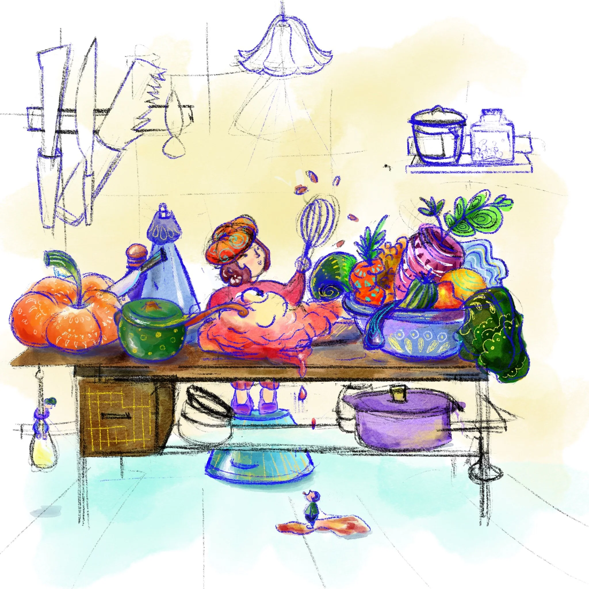 Disegno colorato di un mercato con zucche, piante e due persone che vendono, una sopra una scala e l'altra in piedi.