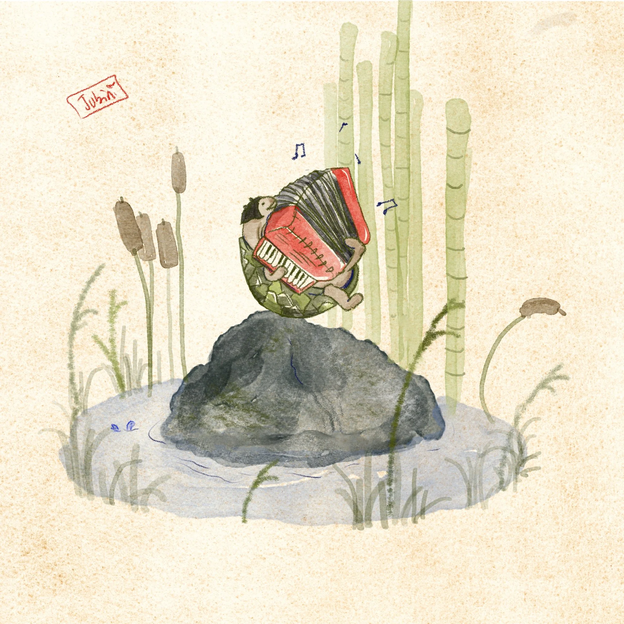 An illustration of a turtle playing an accordion on a rock by the lake, surrounded by bamboo stalks.