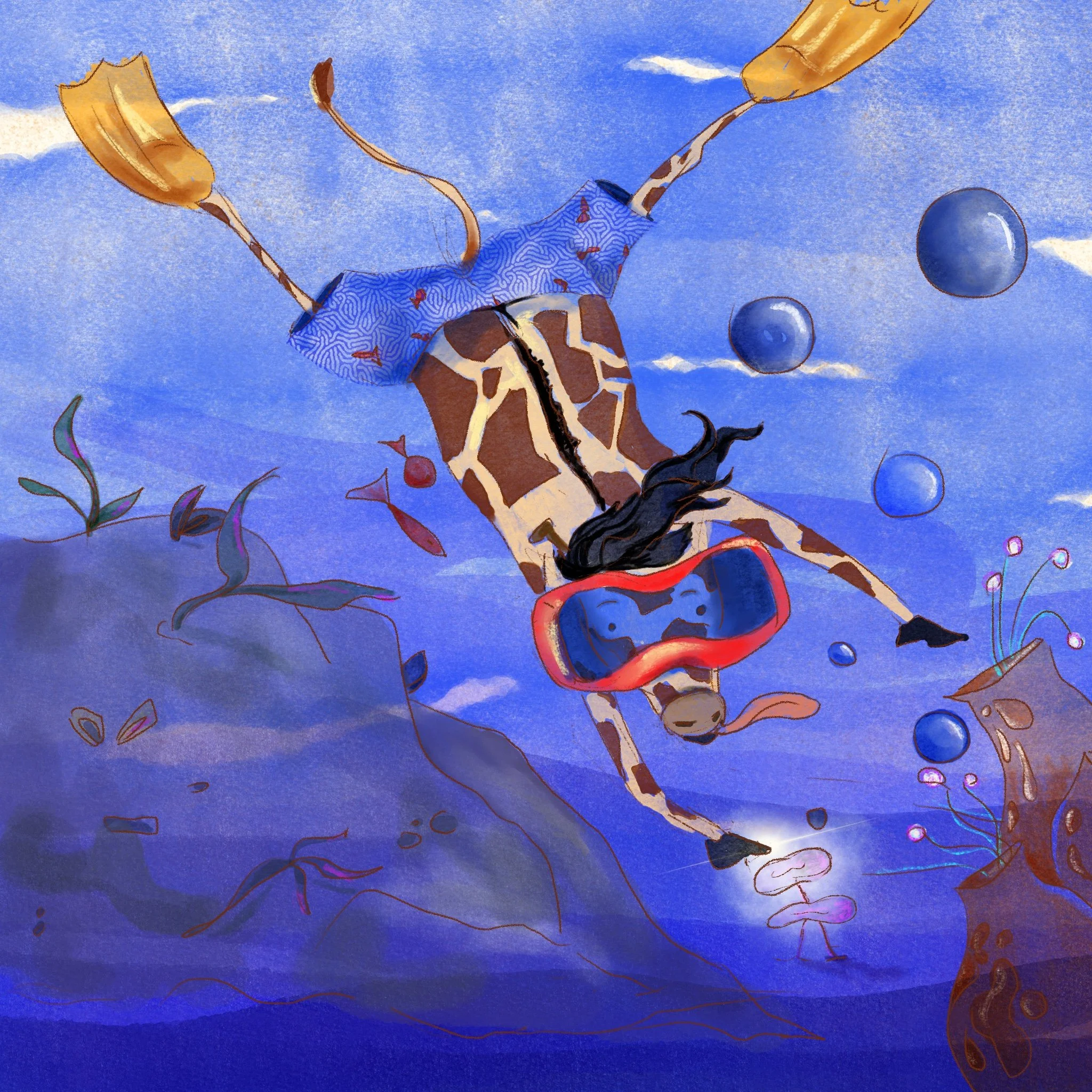 An underwater giraffe wearing fins and a mask dives into the sea, surrounded by marine vegetation and bubbles.