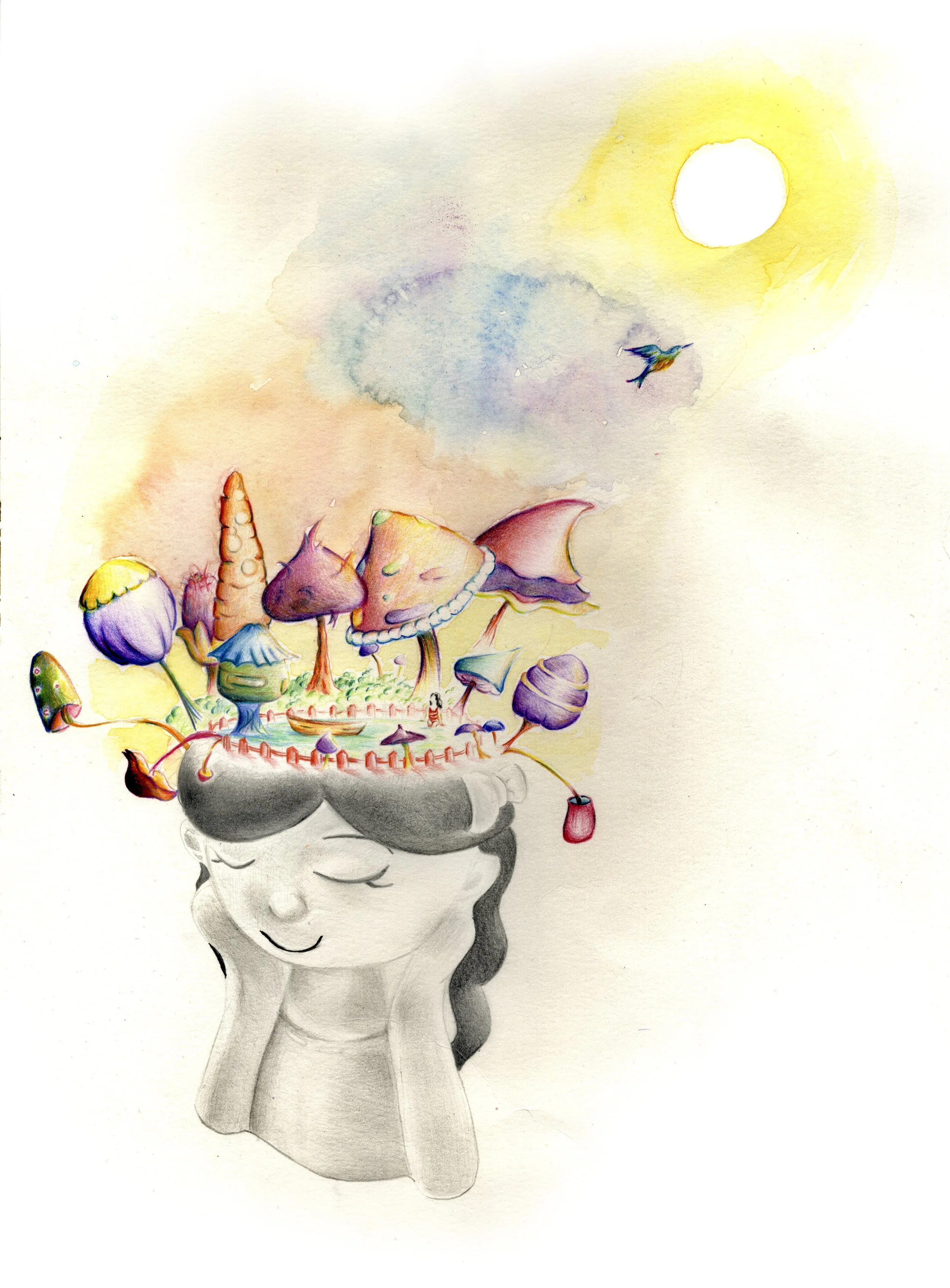 Un disegno di una testa di donna con i capelli che si trasformano in un paesaggio immaginario con montagne, alberi e un sole, con elementi astratti e colori vivaci.