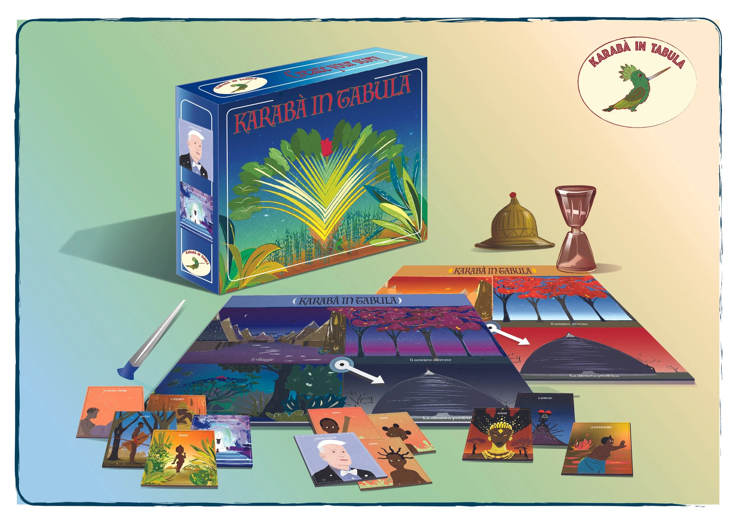 A board game called “Karabà in tabula” with an illustrated box, colorful cards featuring settings such as forests and mountains, and some figurines or cards depicting various characters and natural scenes.