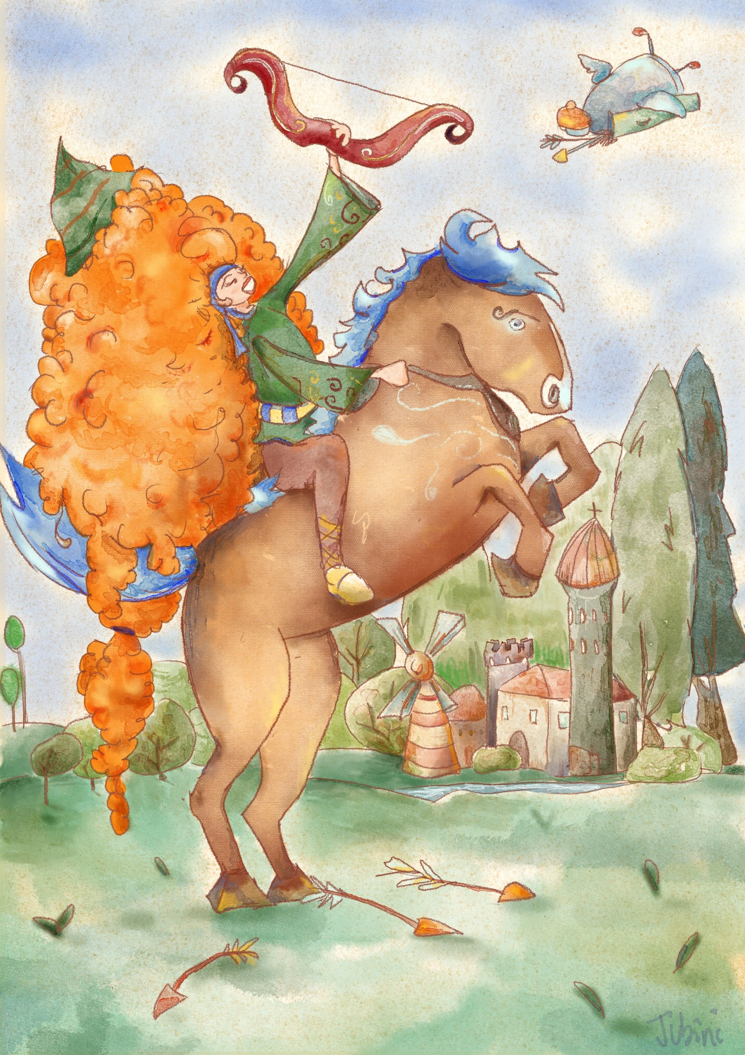 Un cavallo con un uomo sui suoi lombi, vestito di verde e blu, con una criniera blu, in un paesaggio verde con case e montagne sullo sfondo. L'uomo indossa un abito fantasy e sembra ridere. Attorno, foglie e ramoscelli volontariamente spostati dal vento.