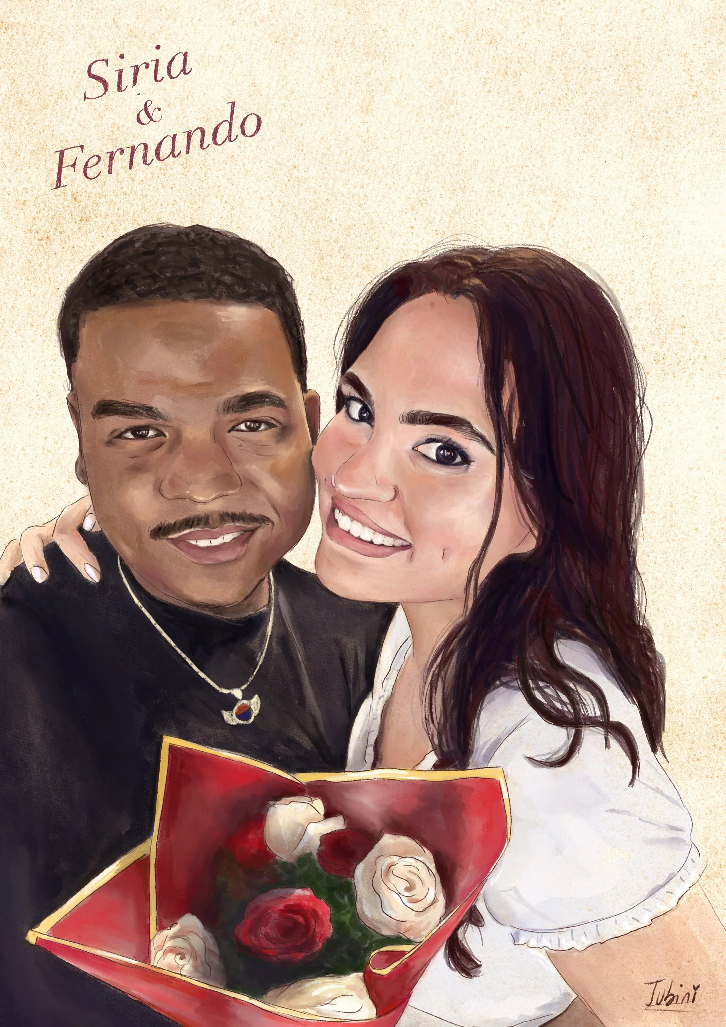 Illustration of a happy couple embracing, with the woman holding a bouquet of red roses as a gift.