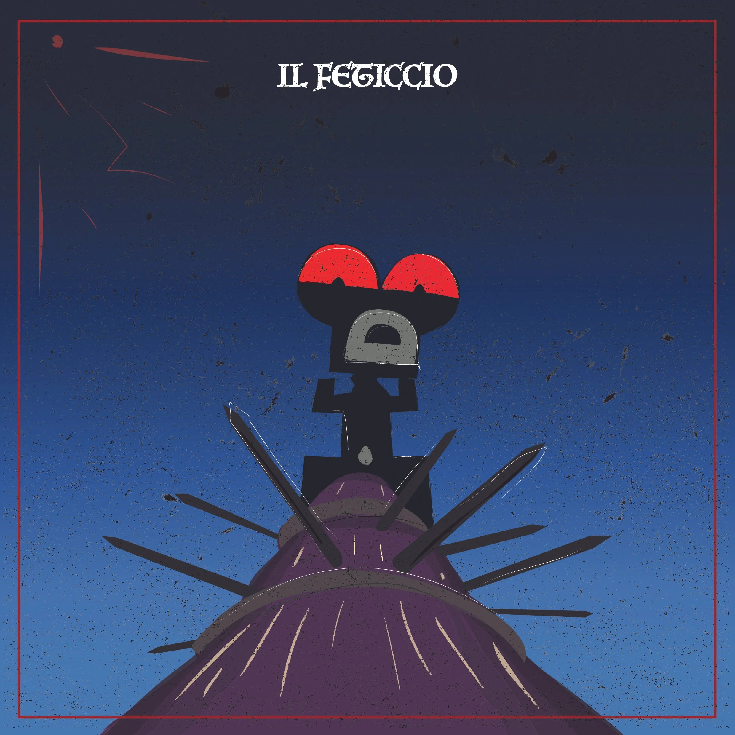 Illustrazione stilizzata di un motivo geometrico con forme che si sviluppano simmetricamente da una figura centrale, con colori predominanti nero, viola e rosso, su uno sfondo blu.