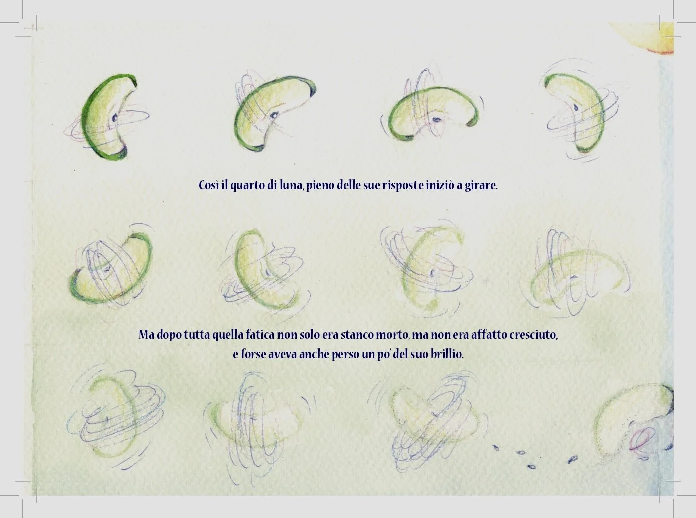 Disegni di fasi di una luna rappresentata con macchie gialle e verdi, con tracciature colorate che sembrano movimenti circolari, accompagnati da testo in italiano.
