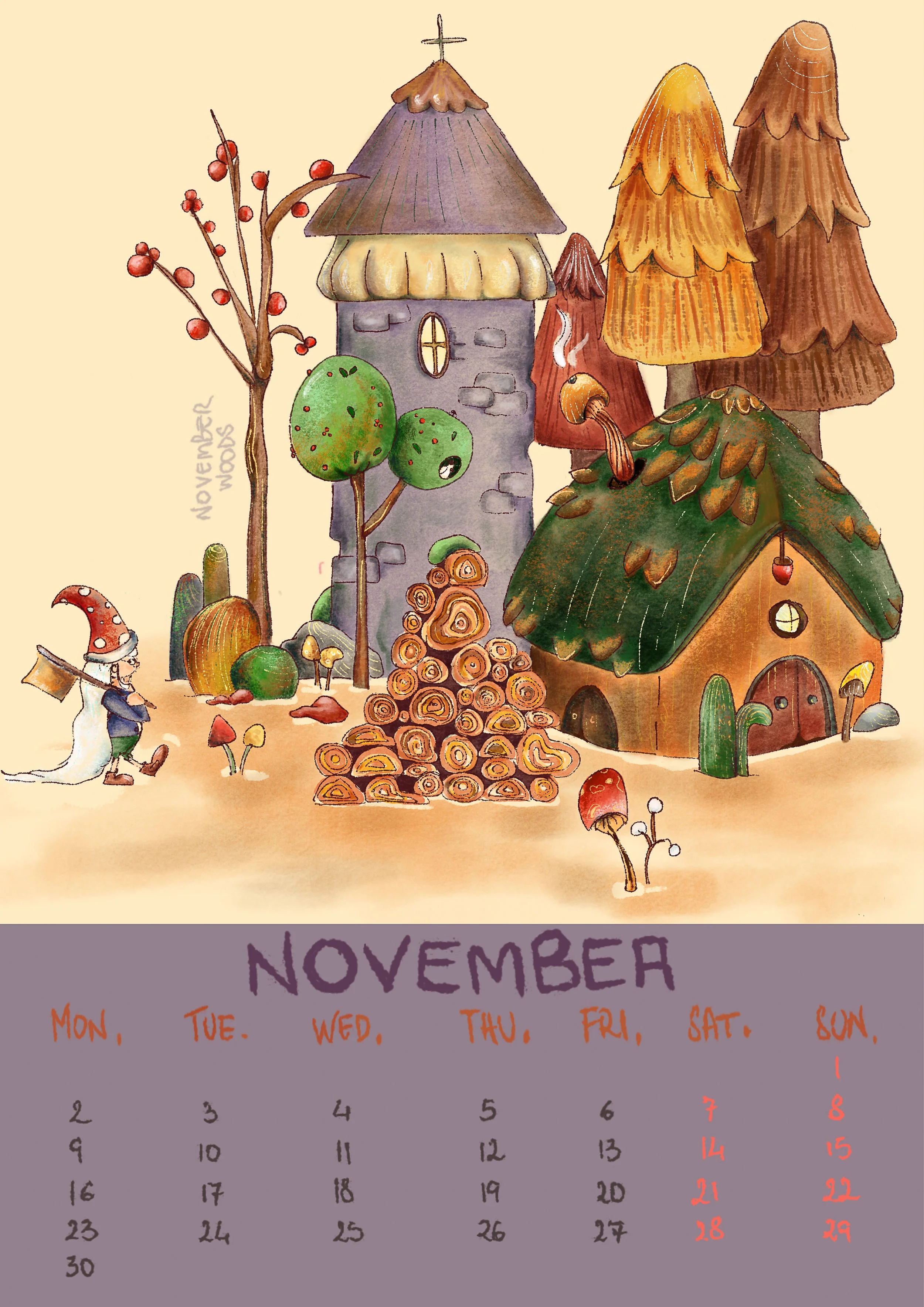 An illustration of a small house with a sloping roof and many mushrooms in a fairy-tale style, with trees and trellises on either side, and the word “November” written below it.