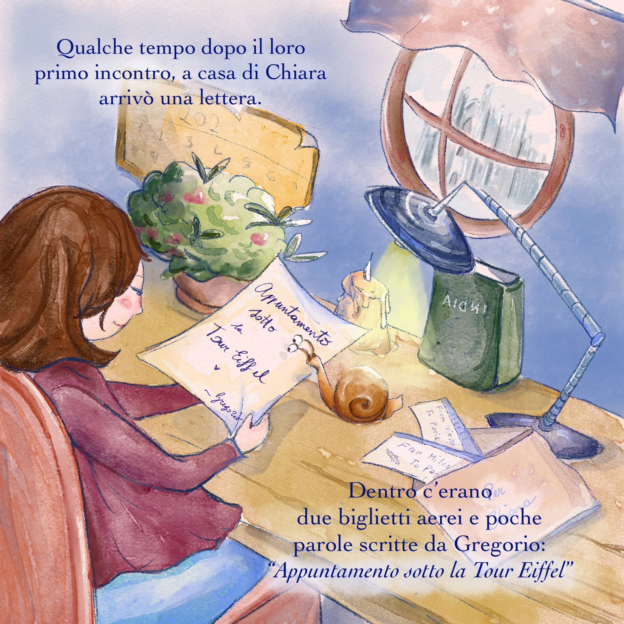 Dettaglio di una pagina illustrata con testo in italiano, mostra una mano che scrive e vari oggetti come una rosa, biglietti aerei, una bottiglia e una penna, con uno sfondo a colori pastello e decorazioni.