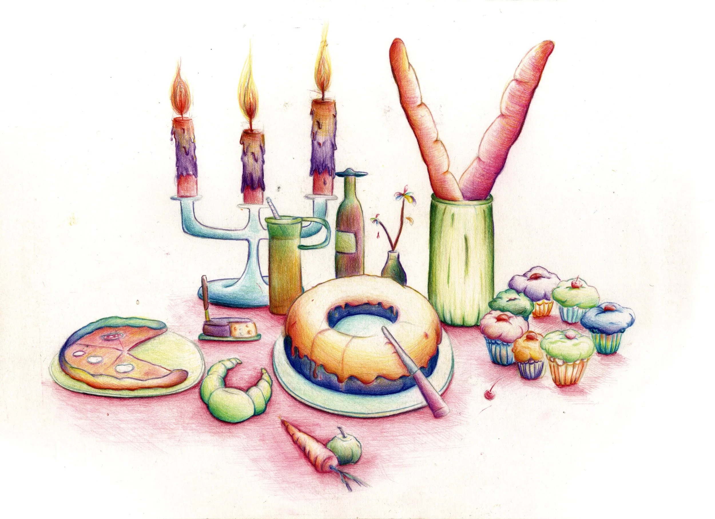 A colorful drawing of a scene featuring food shaped as alphabet letters, lit candles, desserts, fruits, and vegetables arranged on a table.