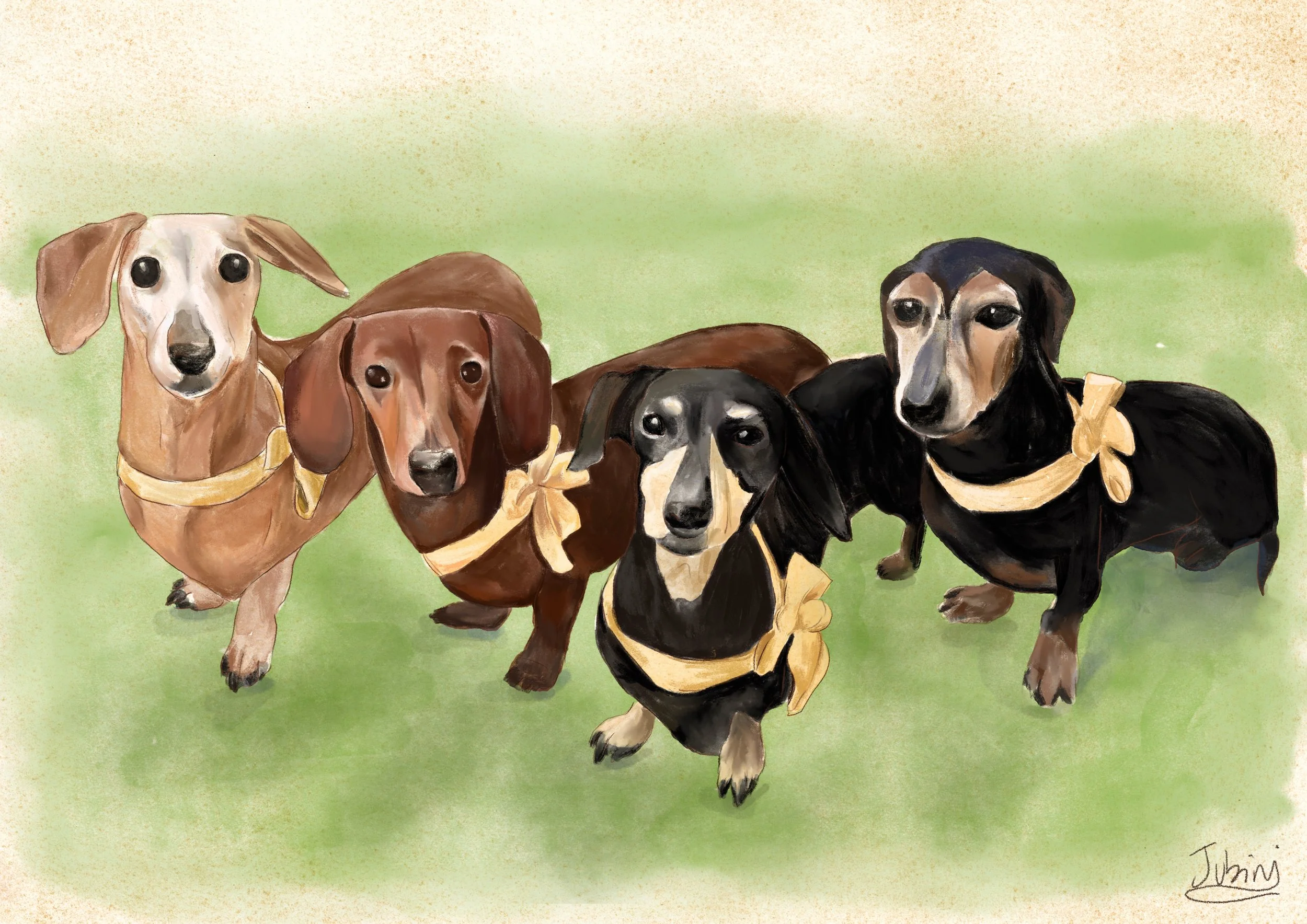A painting of five dachshunds wearing yellow scarves, set against a light green background.