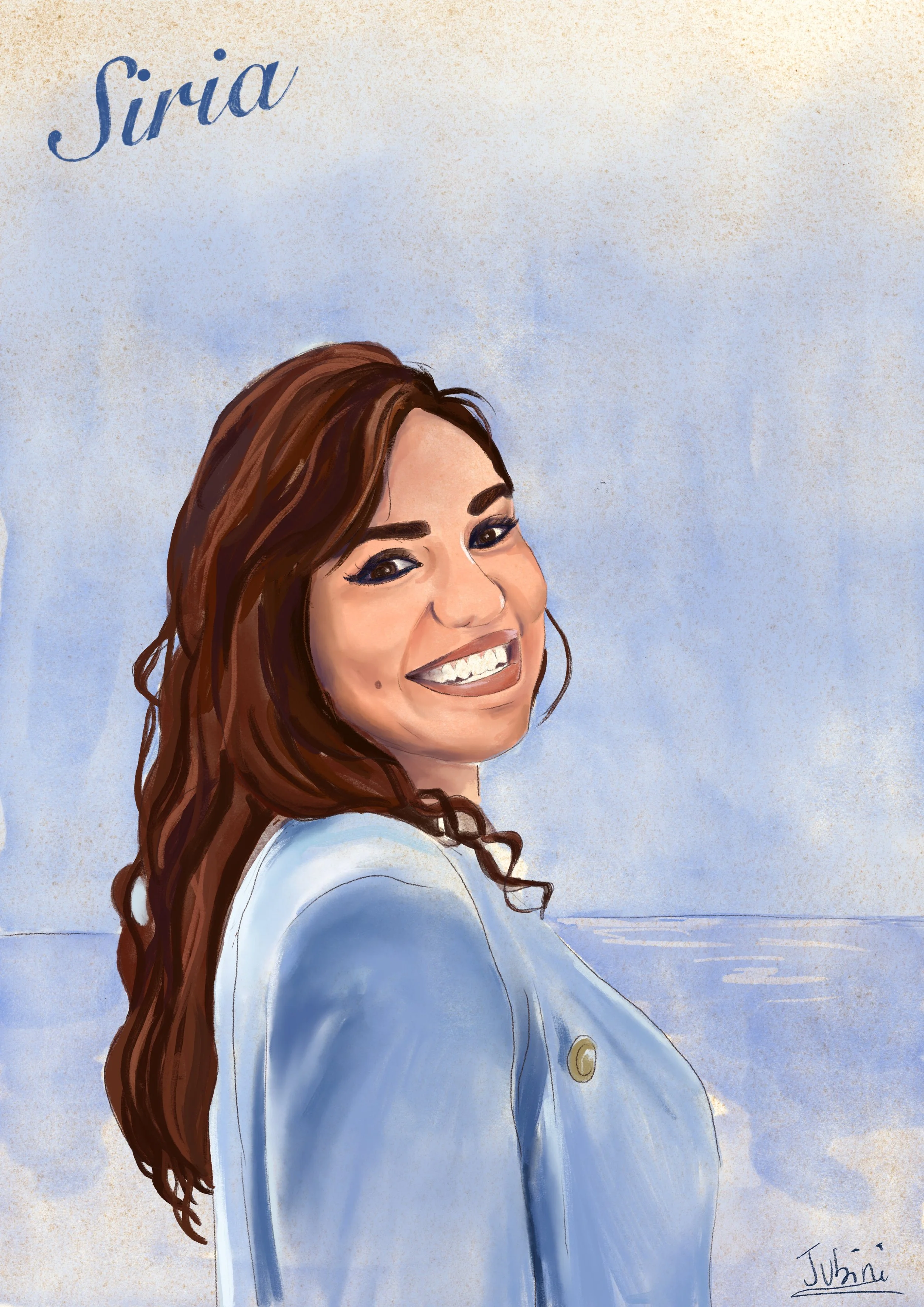 A digital portrait of a woman with long, curly hair, a dazzling smile, and a light blue formal dress, set against a light blue gradient background. The woman is smiling as she looks slightly to the right.