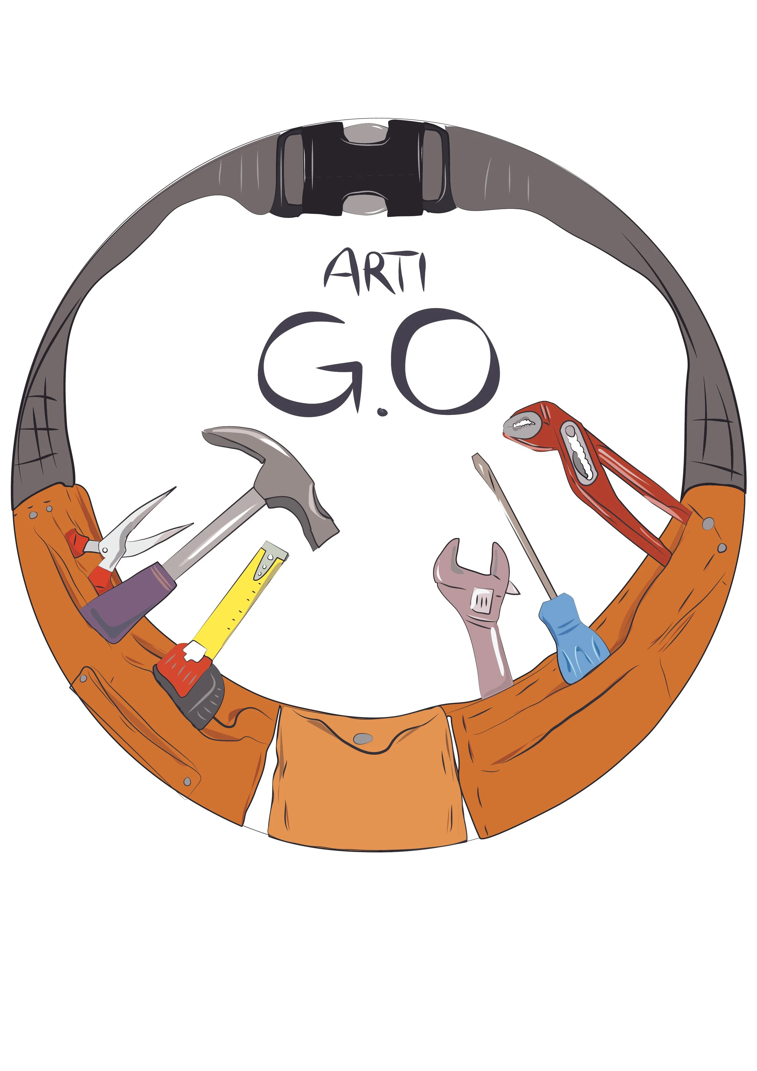 A circular tool pouch with various tools (hammer, saw, wrench, screwdriver) arranged around it, beneath the text “ARTI G.O.”