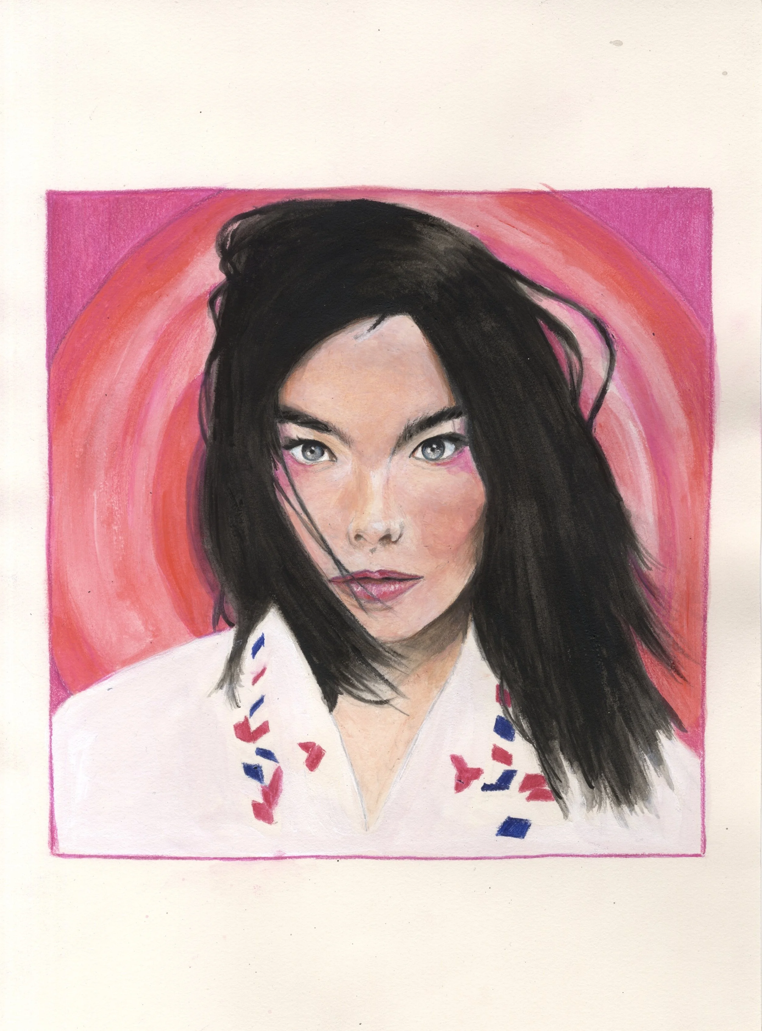 A portrait of the singer Björk with blue eyes and long, dark brown hair, set against a pink background with concentric circles and heart- and diamond-shaped decorations at the bottom of her dress.