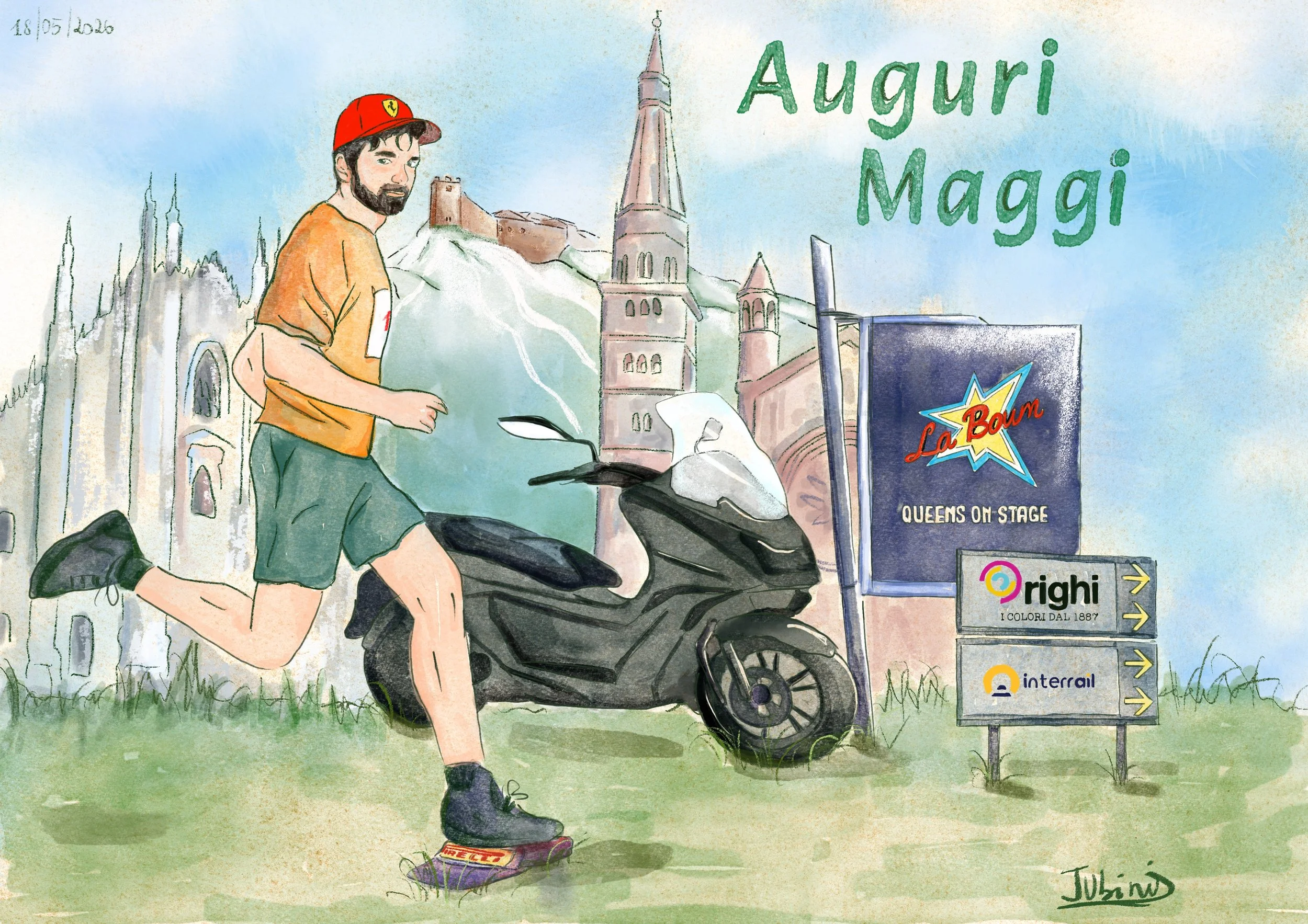 Un uomo che corre con uno scooter, indossando abbigliamento sportivo e un cappellino rossi con il logo Ferrari, su uno sfondo con un castello e chiese. A destra ci sono cartelli con nomi di compagnie e colori accesi.