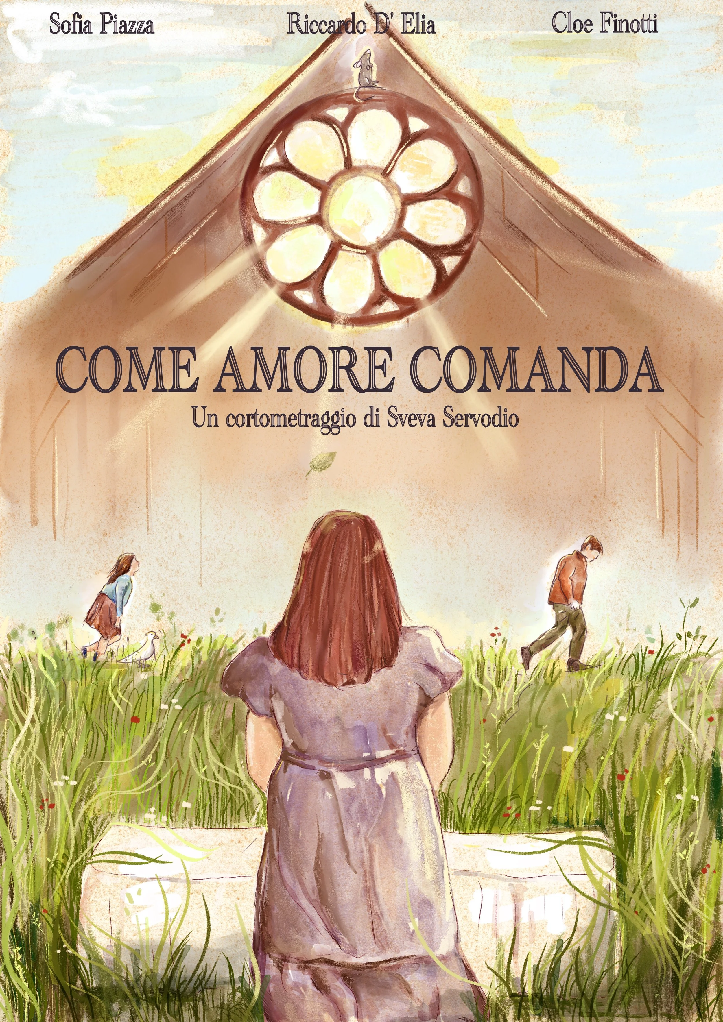 Una scena di un cartellone pubblicitario dipinto che rappresenta una donna seduta di spalle che guarda un campo con tre persone e un cane, con in alto i nomi Sofia Piazza, Riccardo D'Elia, Cloe Finoti e il titolo "Come amore comanda" di Sveva Servodi