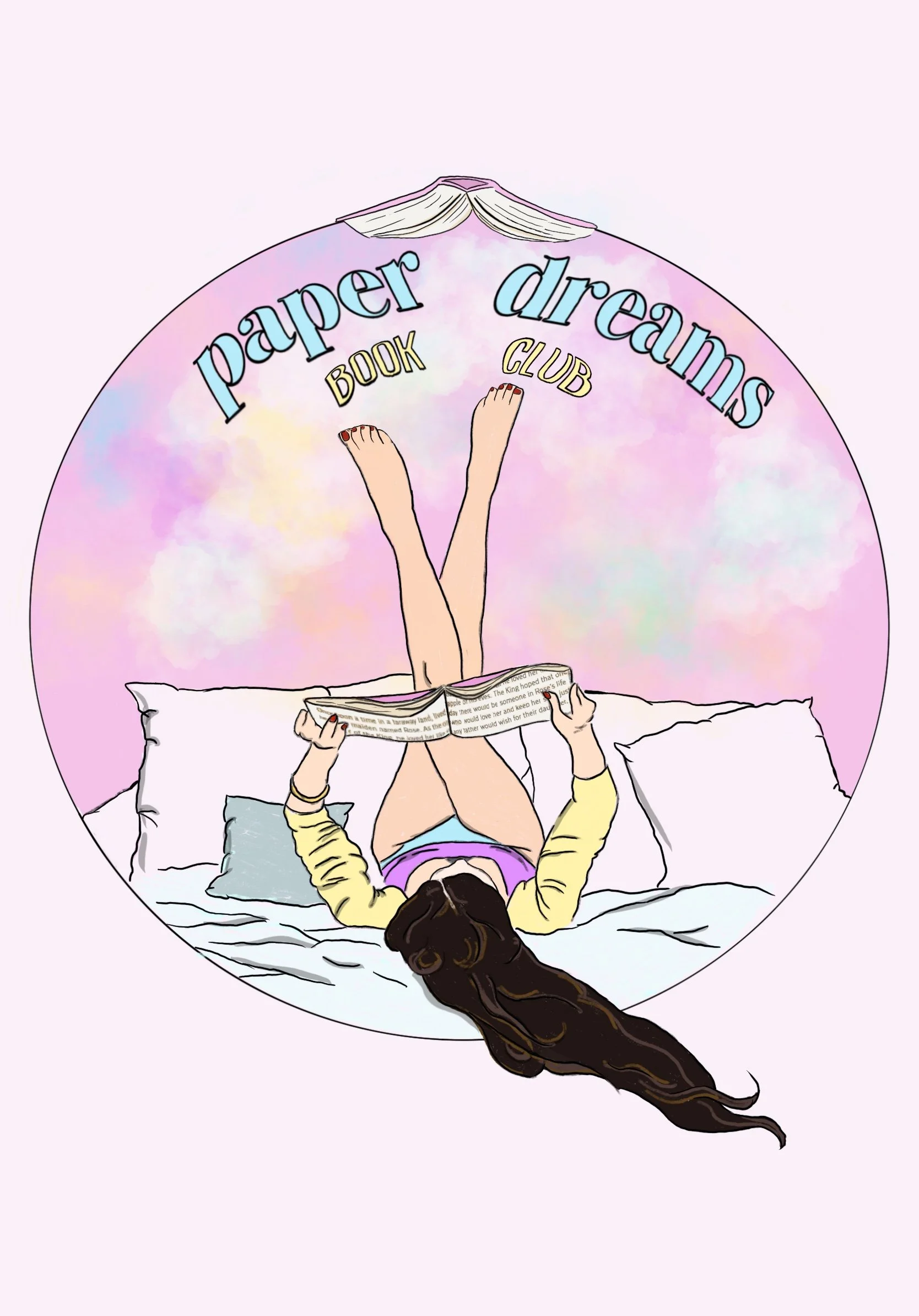 A girl is lying on the bed with her legs raised, leaning against a pink wall decorated with clouds. She is reading a book, and the text above her reads “Paper Dreams BOOK CLUB.”