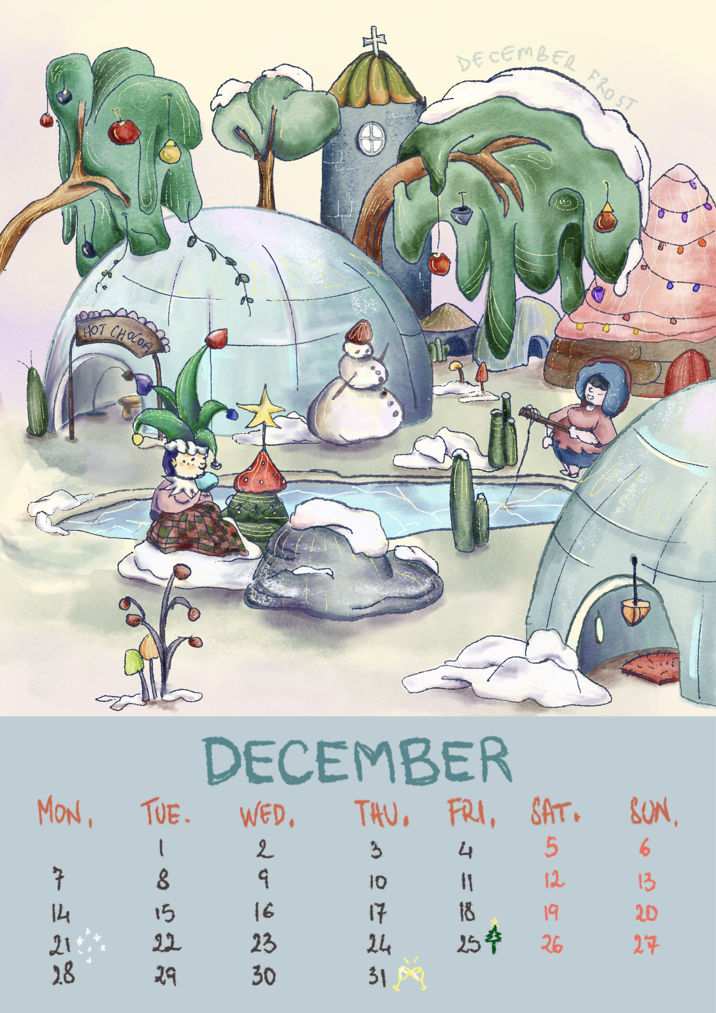 Calendario di dicembre con illustrazione in stile fiabesco di un paesaggio invernale con alberi decorati, una chiesa, un pupazzo di neve, ragazza che suona la chitarra, casette di ghiaccio e elementi natalizi come stelle e luci, e due ice-cream con c