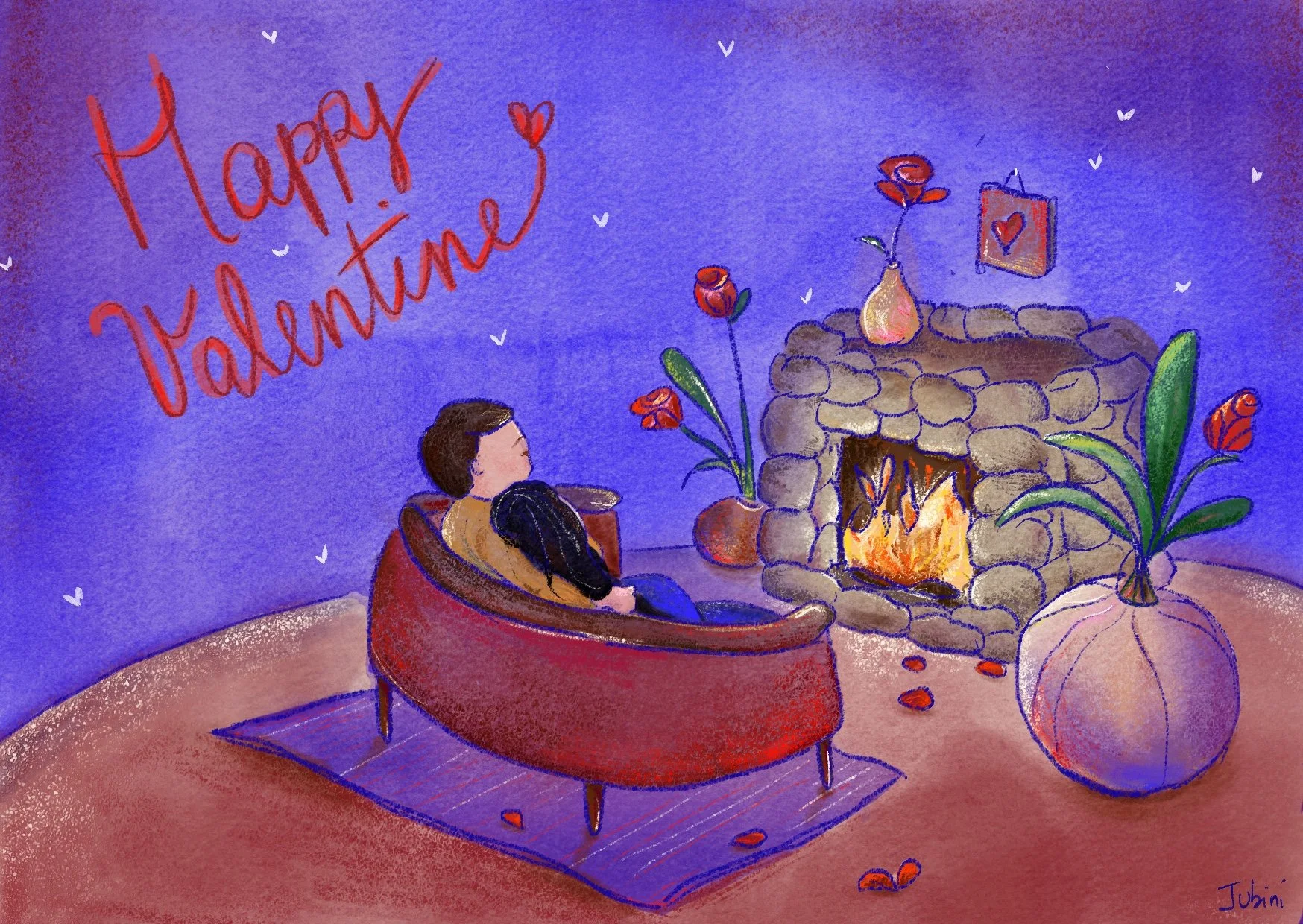 Illustration of a scene featuring a couple sitting on the couch in front of a lit stone fireplace, with flowers and a plant. On the wall is a painting of a heart with the words “Happy Valentine” written in red.