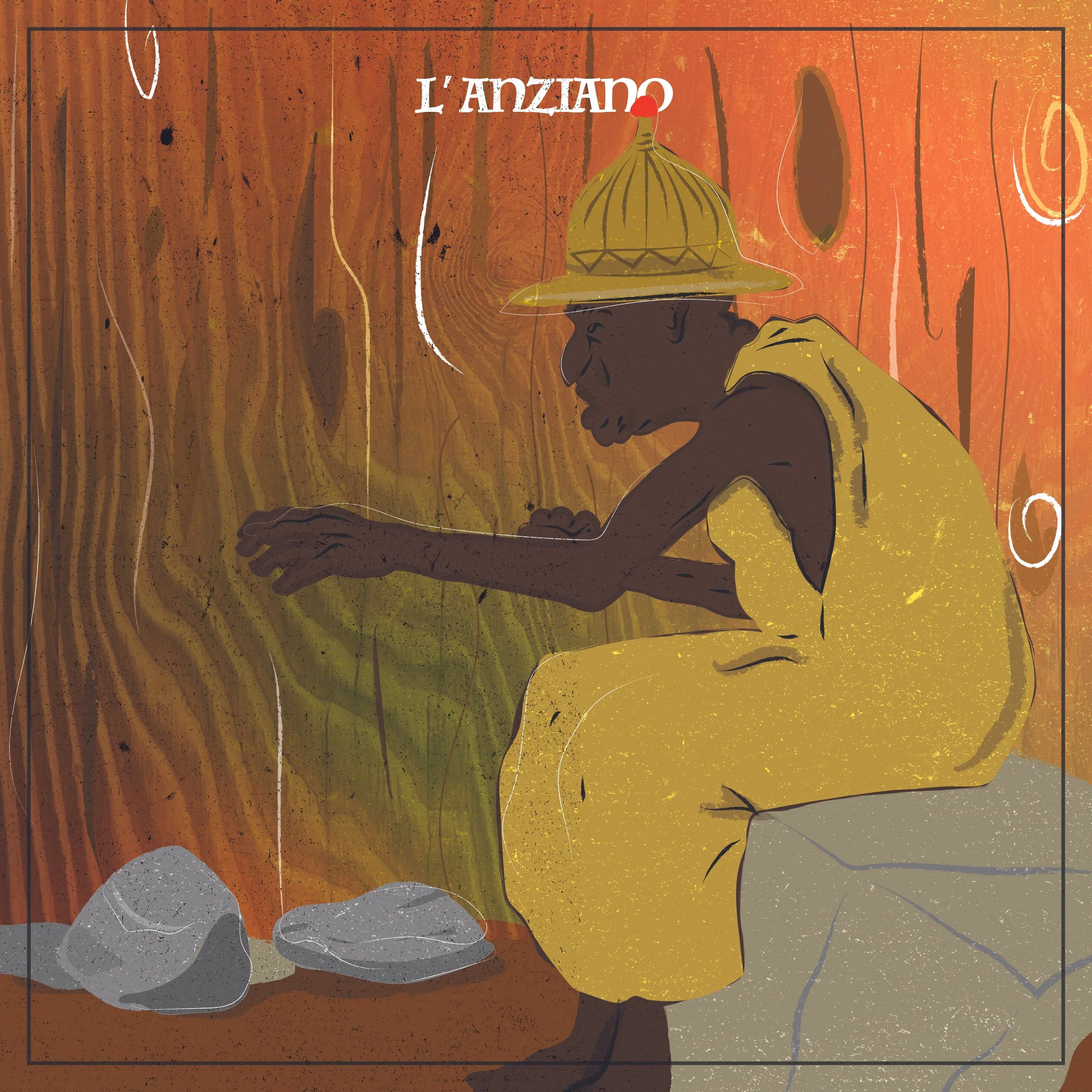 Illustrazione di un anziano con cappello che riposa appoggiando la testa alla mano, sfondo colorato con tonalità calde e linee fluide.