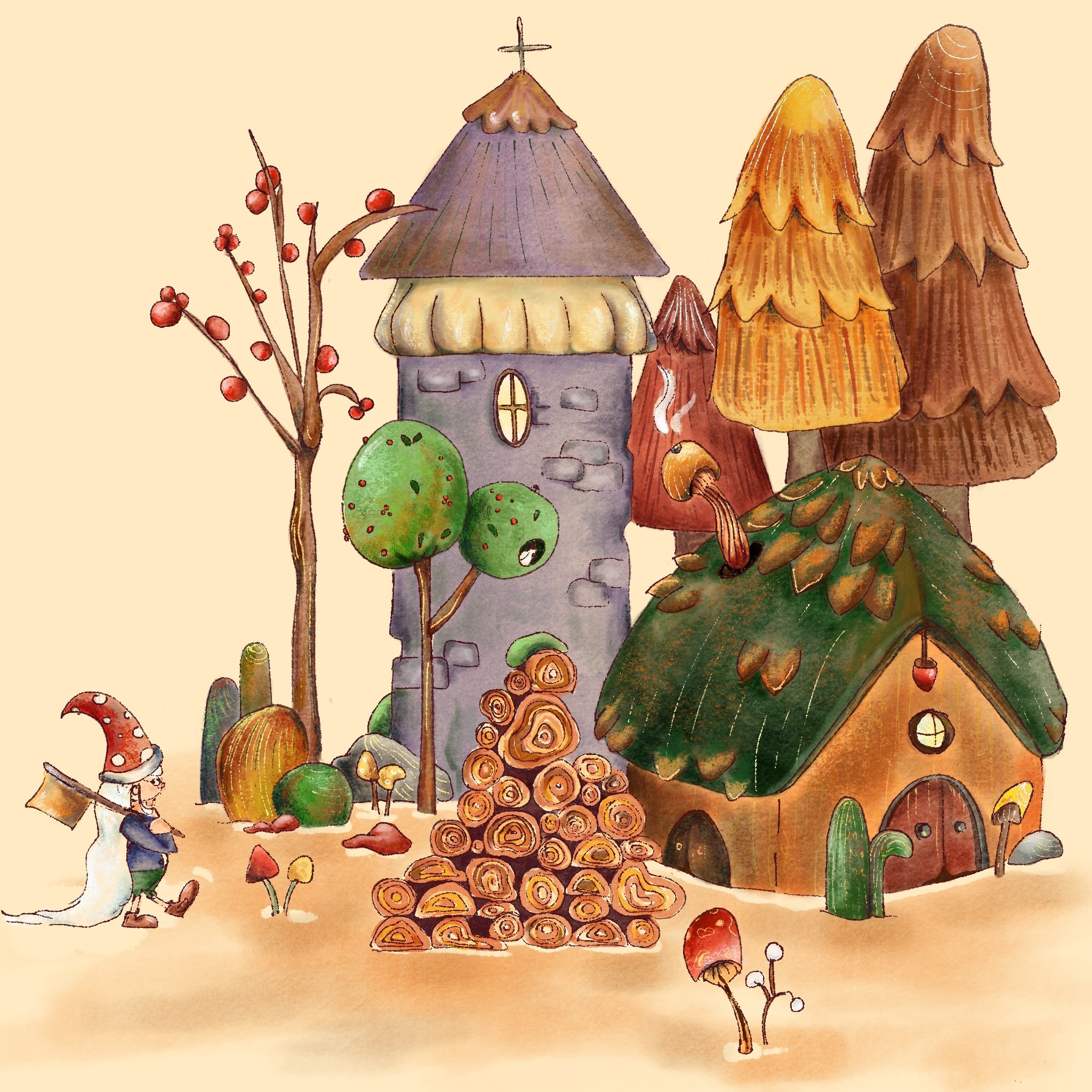 Dipinto ad acquerello di una scena della foresta incantata con case di funghi, alberi colorati, un uccellino, funghi e muschio su uno sfondo beige caldo.
