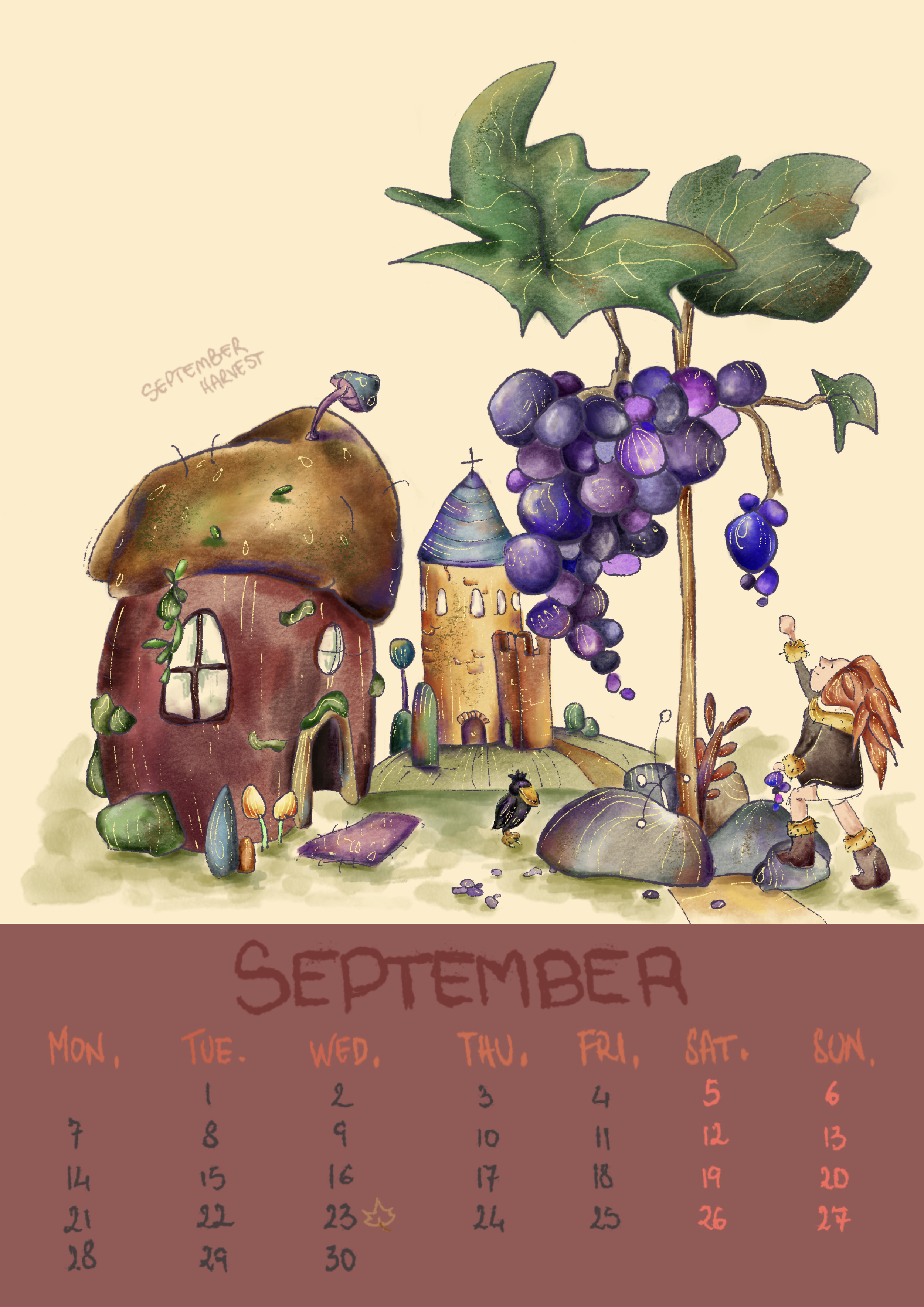 Illustrazione di un paesaggio fiabesco con alberi che hanno case nelle loro chiome, grappoli di uva e foglie grandi. Ci sono anche alcune creature e dettagli come un castello e un gatto vestito. La parte inferiore mostra un calendario di settembre co