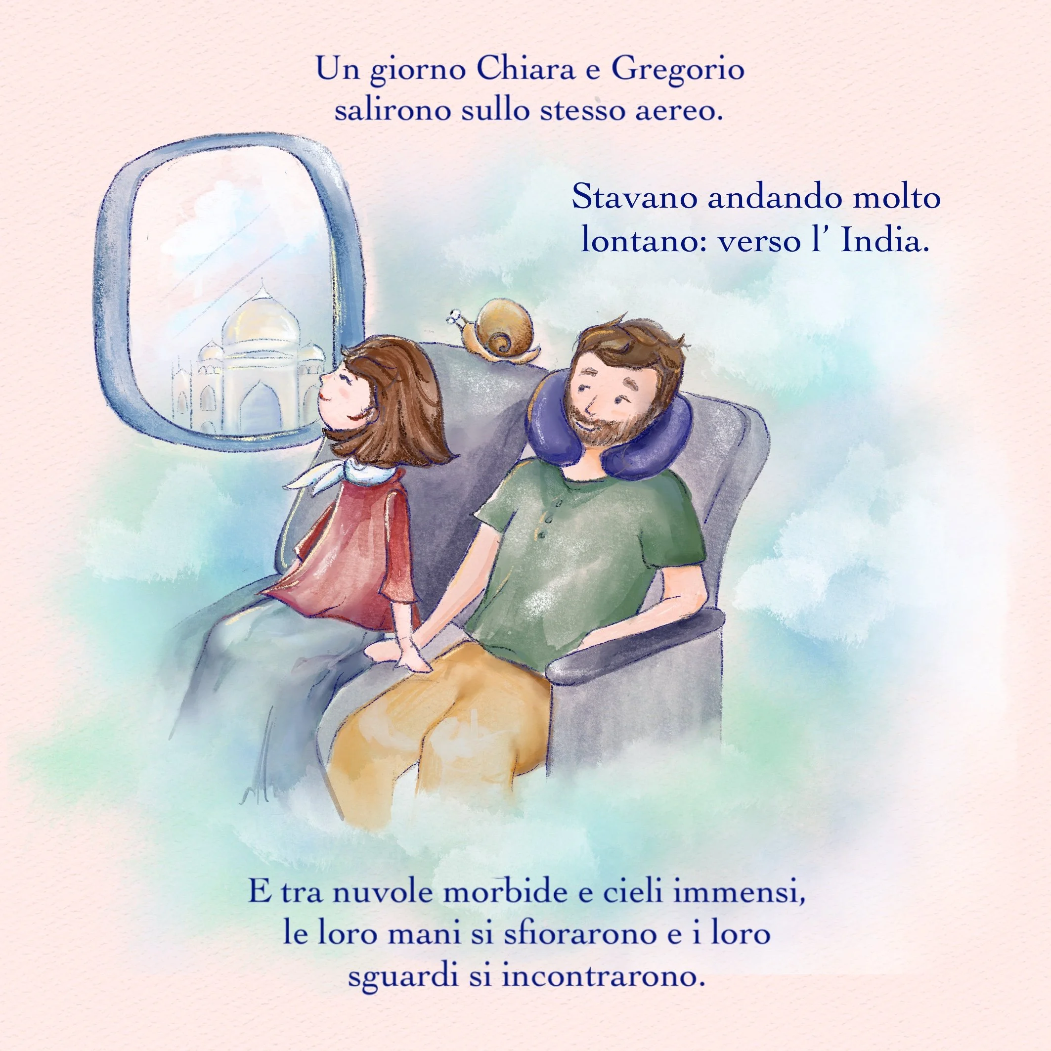 Disegno di un uomo e una donna sdraiati sul divano, entrambi con un sorriso, con un paesaggio di architettura indiana e cielo sullo sfondo.