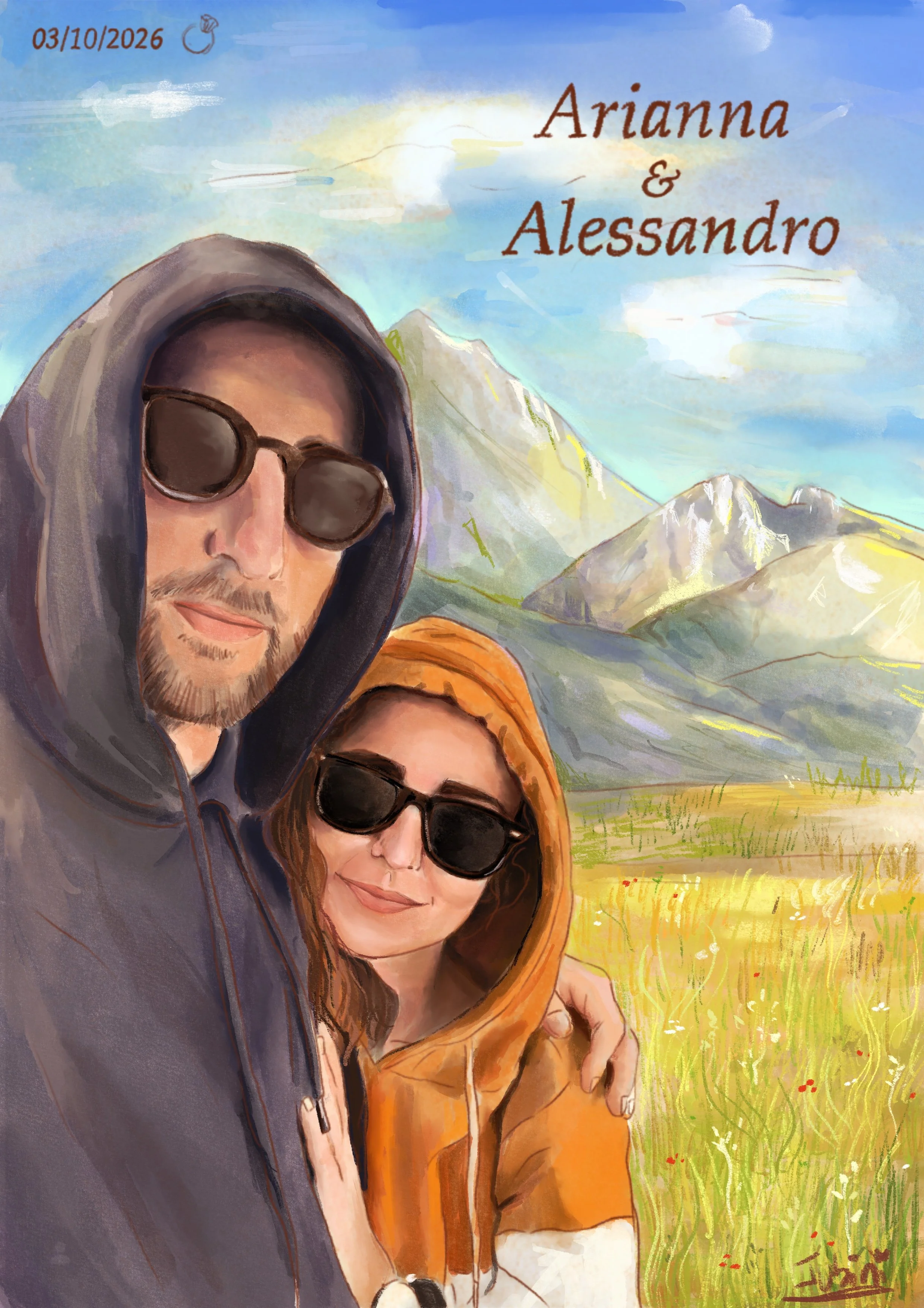 A couple wearing hoodies and sunglasses, with a backdrop of mountains and green fields, in a natural landscape, featuring the text in Italian “Arianna and Alessandro” and the date “10/03/2026.”