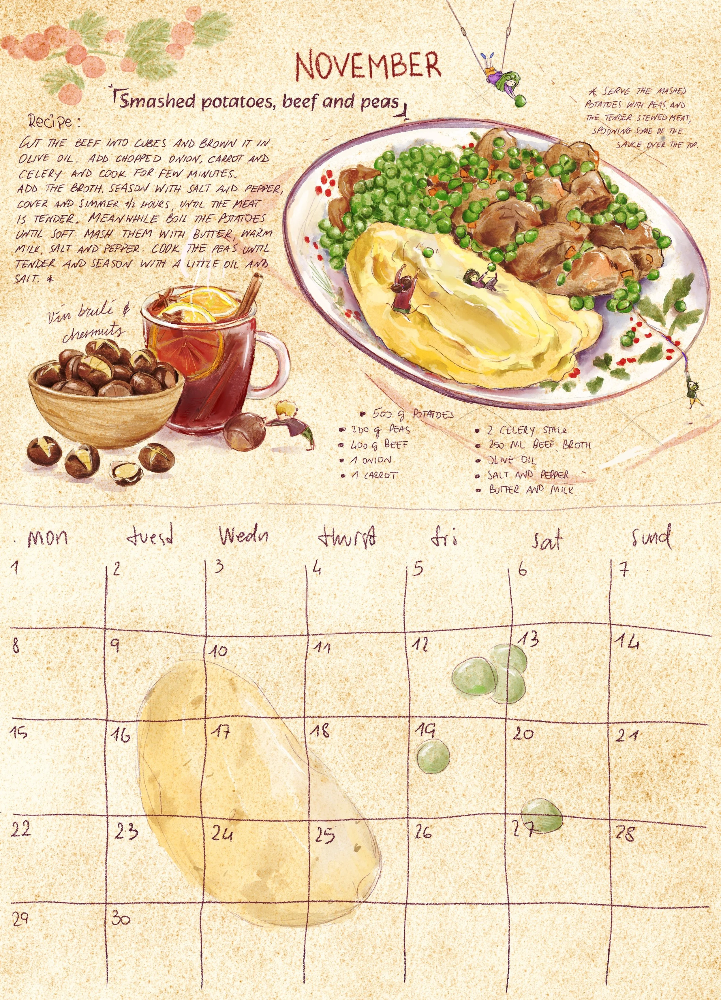 Una pagina di un calendario con un'illustrazione di un piatto di purè di patate con carne e piselli, una tazza di vino caldo con fettine di limone, e alcune miniature di bambini che giocano e fanno pìù caldi. La pagina mostra anche una ricetta scritt