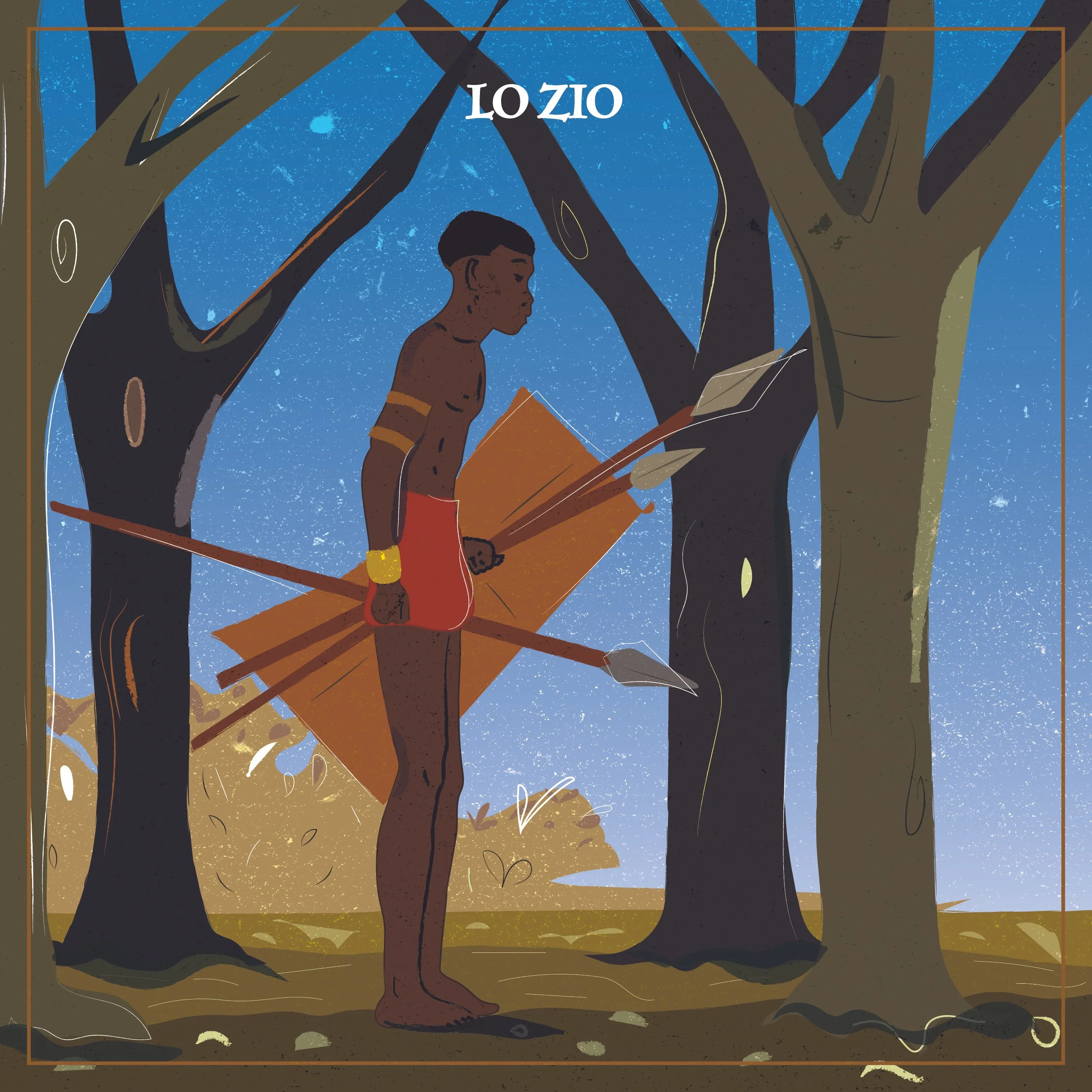 Illustrazione di un bambino con pelle scura che legge un libro, circondato da alberi in un bosco, sotto un cielo blu notte.