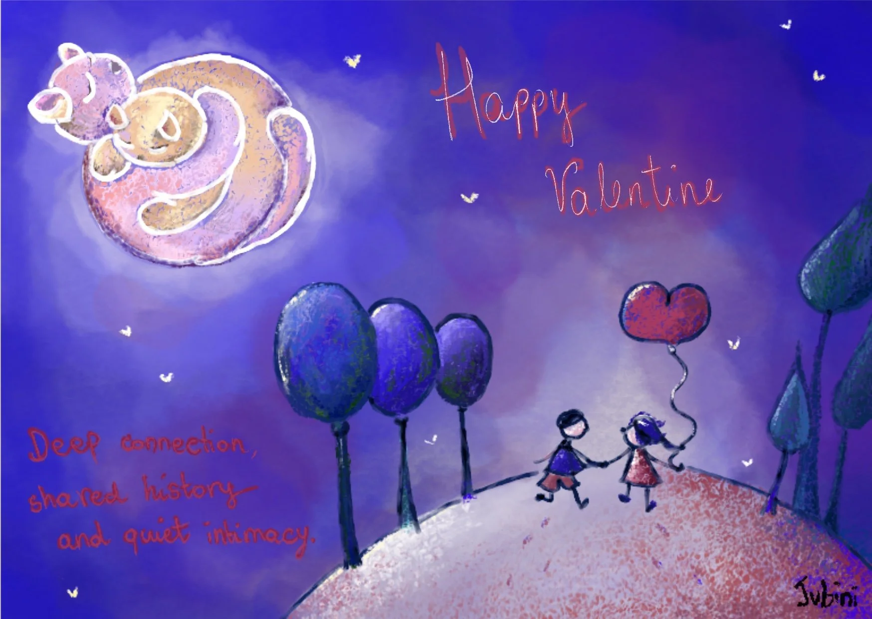 A whimsical illustration featuring a large full moon in the sky and two children holding hands. There are also several balloons and the text “Happy Valentine” and “Deep connection, shared history, and quiet intimacy” written on the