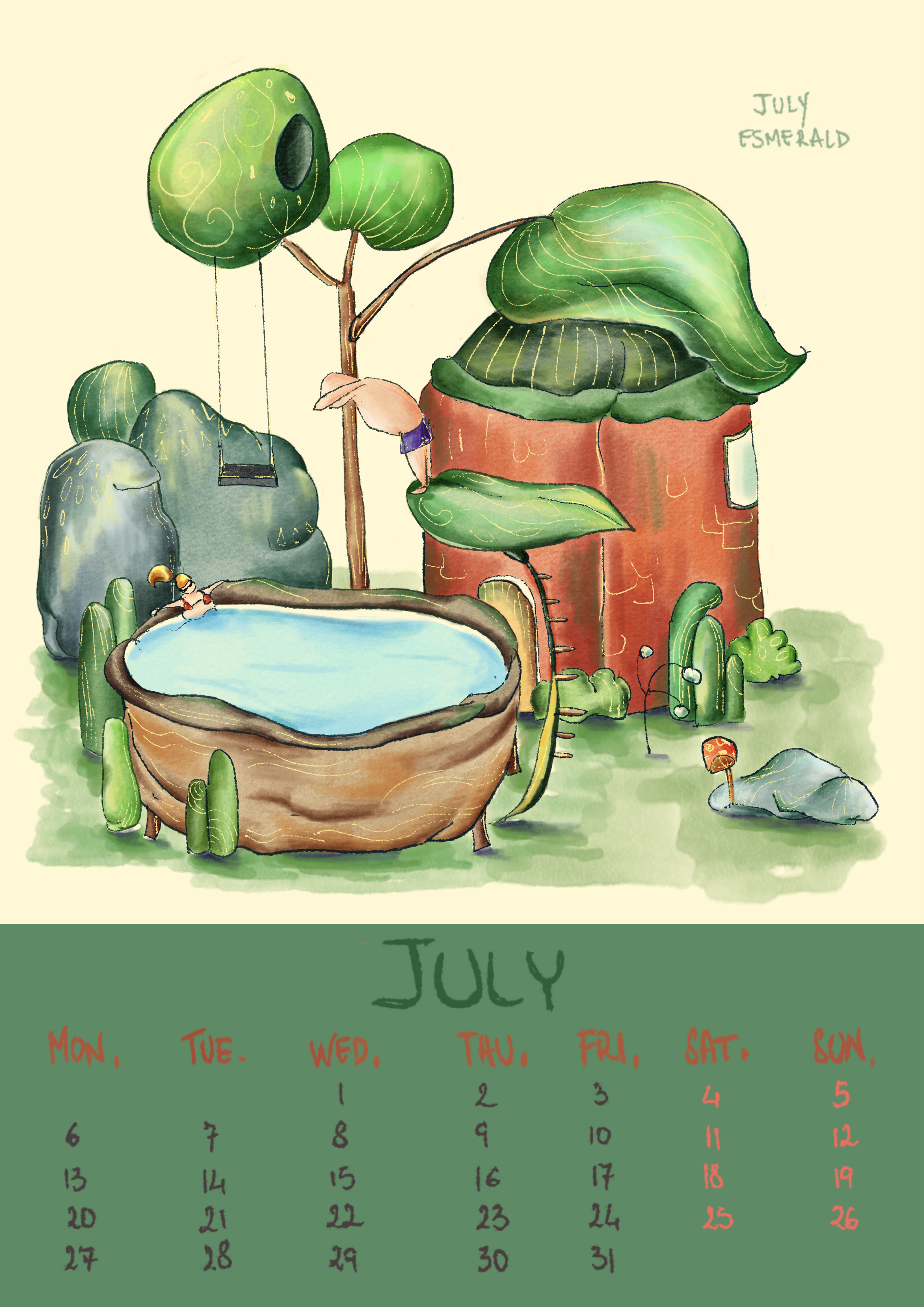 Illustration of a July calendar featuring a character in a tub of water inside a walnut shell, near trees and benches.