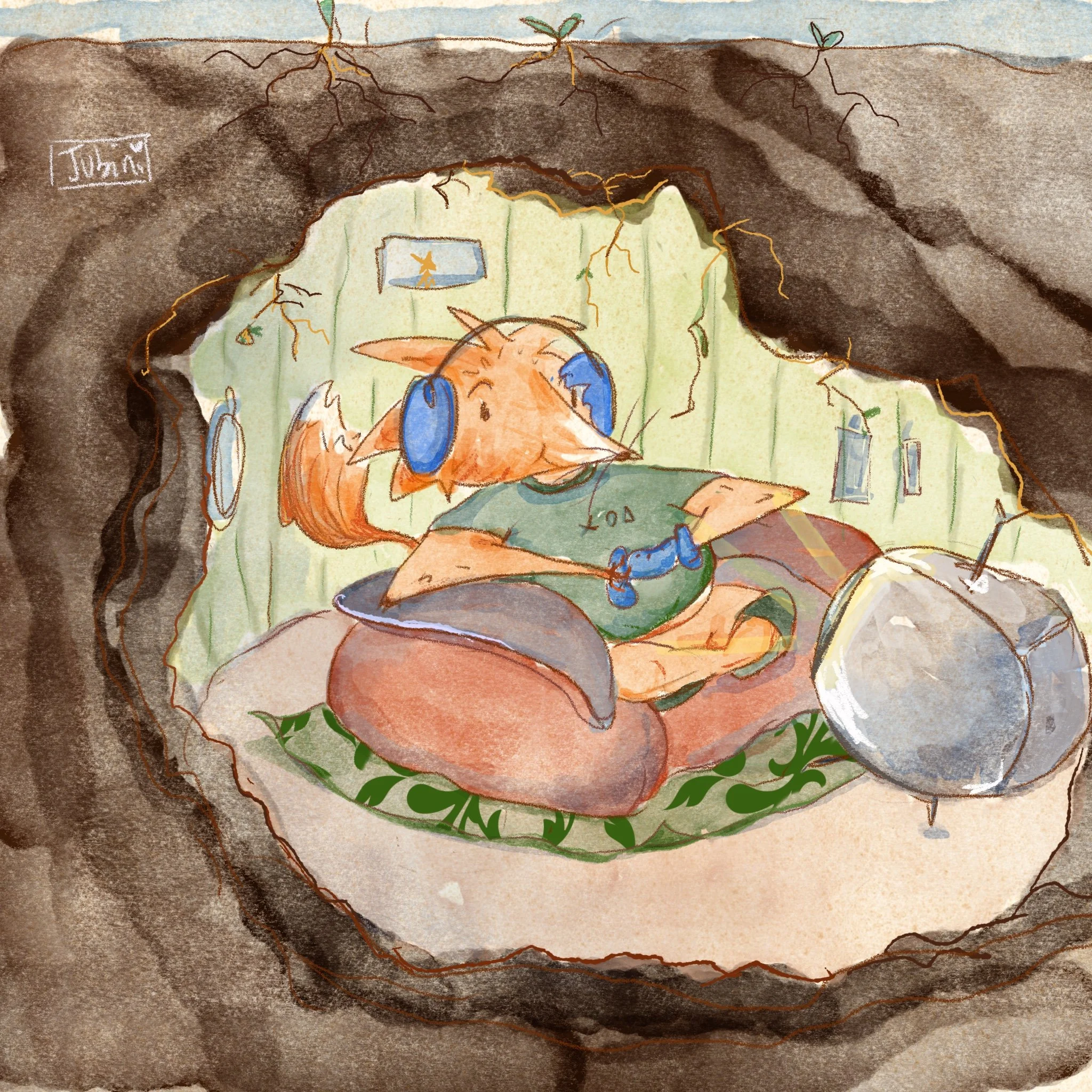 A drawing of a fox sitting in an armchair playing video games in a cave with roots protruding from the ceiling and walls.