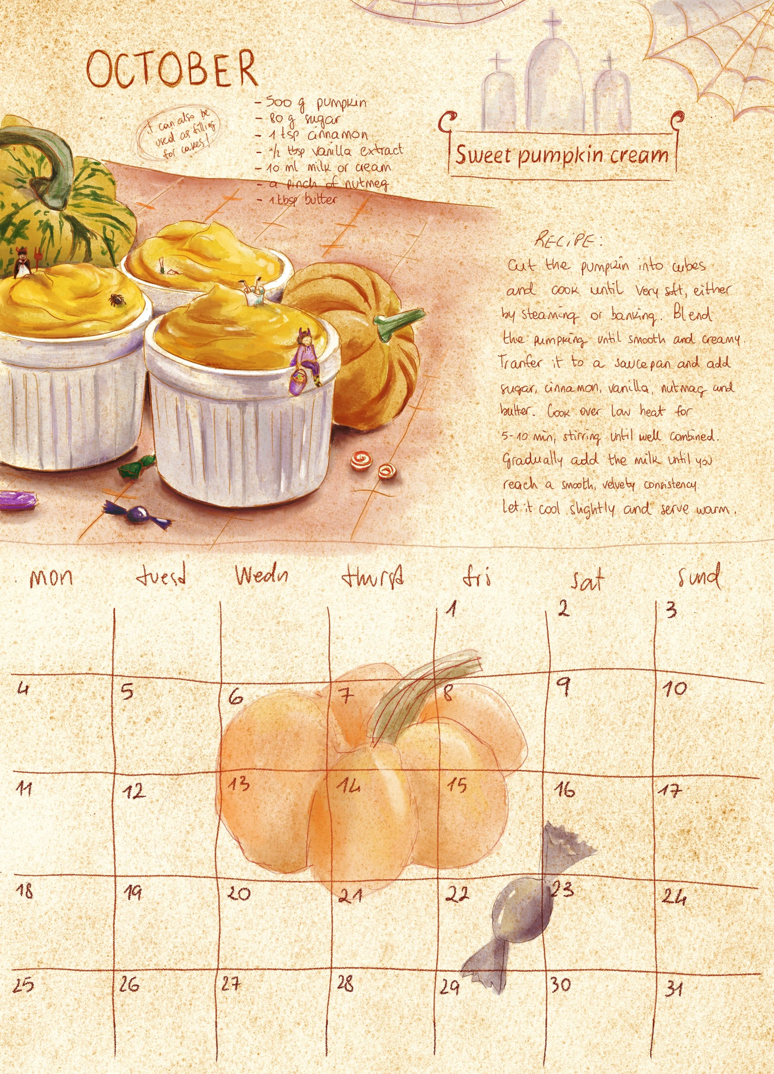 Calendario di ottobre con disegni di zucche, teschi e ragni in stile illustrato, con una sezione dedicata alla ricetta di crema di zucca dolce e un elenco di ingredienti, oltre a note sul uso della zucca.