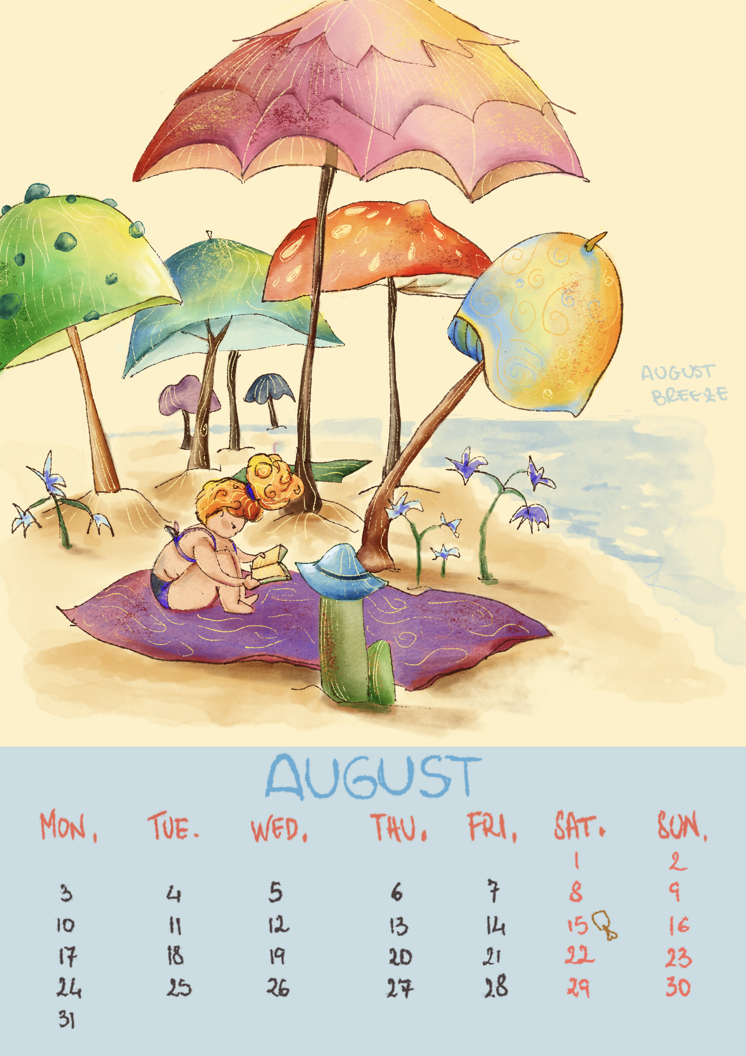 Un calendario di agosto con una scena sullo sfondo che mostra vari ombrelli colorati e una ragazza seduta su un tappeto lilla mentre legge un libro, circondata da fiori e vegetazione.