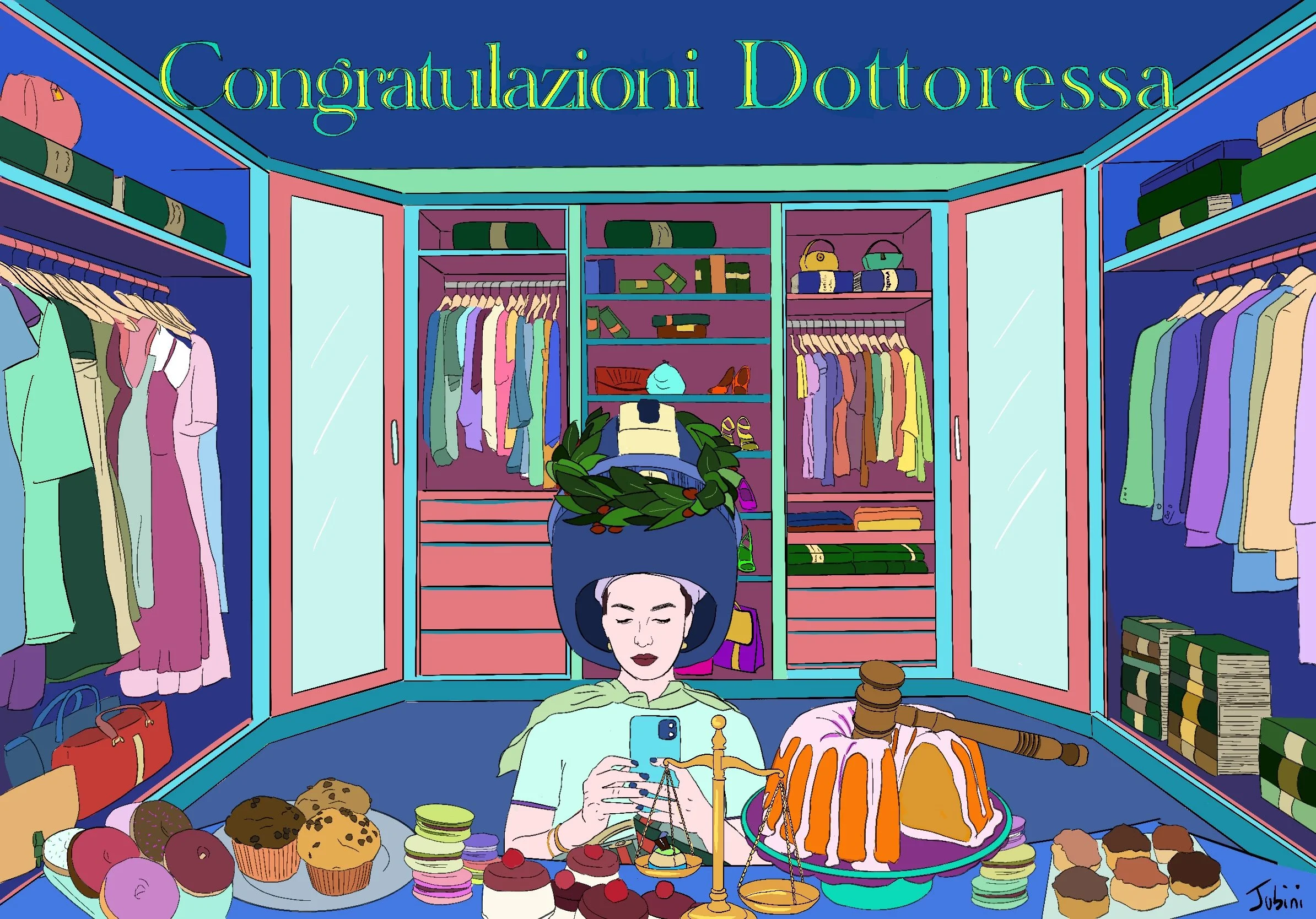 Un'illustrazione colorata di due donne sedute a un tavolo con dolci e torta, che si incontrano in una vetrina con scaffali pieni di vestiti, borse e libri, con la scritta 'Congratulazioni Dottoressa' in alto.