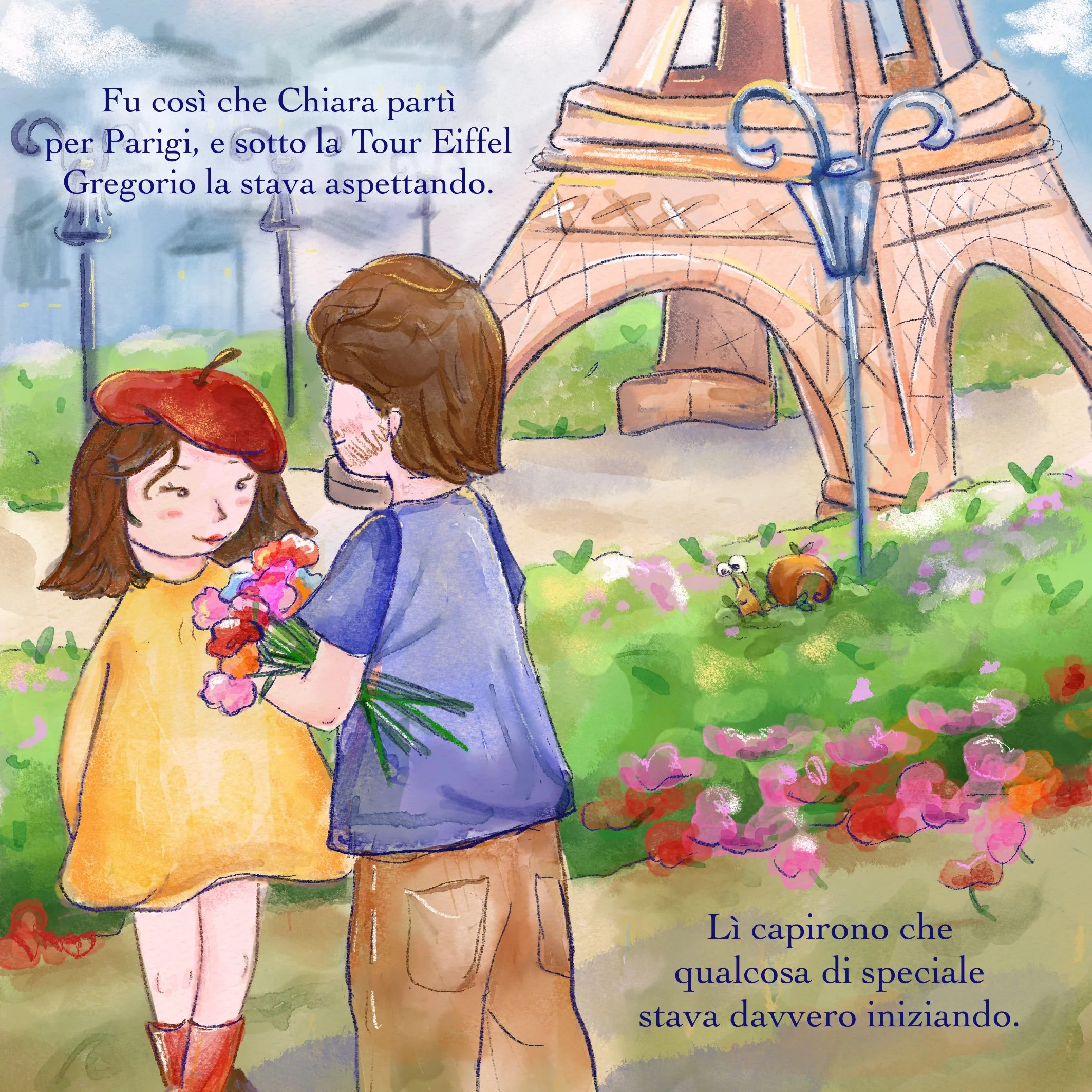 Illustrazione di due bambine, una con capelli castani e un vestito giallo e l'altra con capelli castani e un cappello rosso, che si tengono per mano davanti a una Torre Eiffel stilizzata e un lampione, in un paesaggio con erba e fiori.