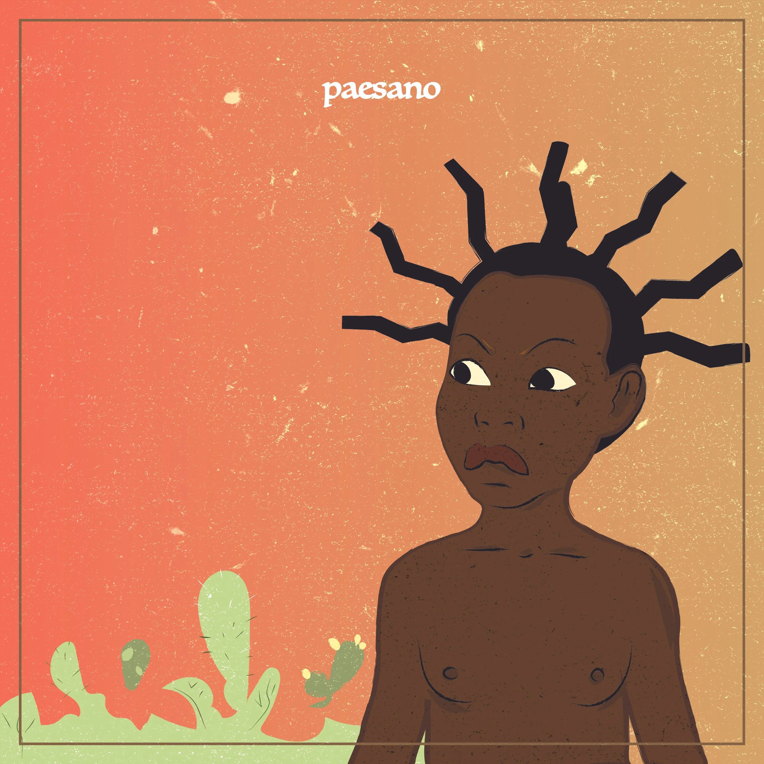 Illustrazione di una testa di uomo africano con capelli a forma di raggi di sole, sfondo arancione con cactus e natura, in stile cartoon.