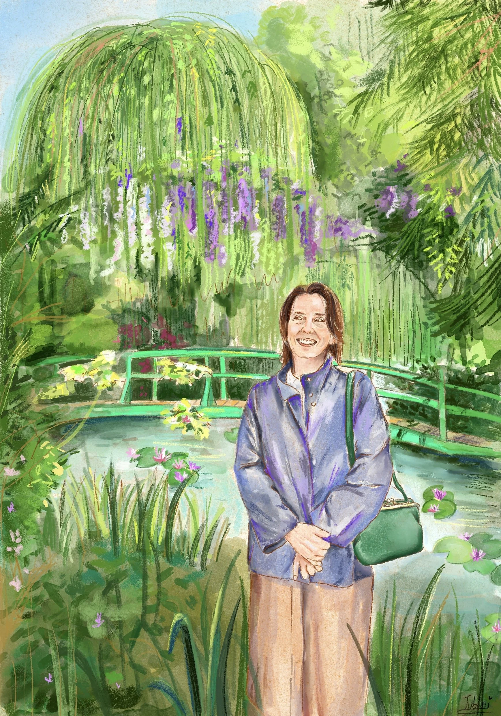 A woman in civilian clothes smiles in a garden filled with water lilies and aquatic plants, beneath green trees.