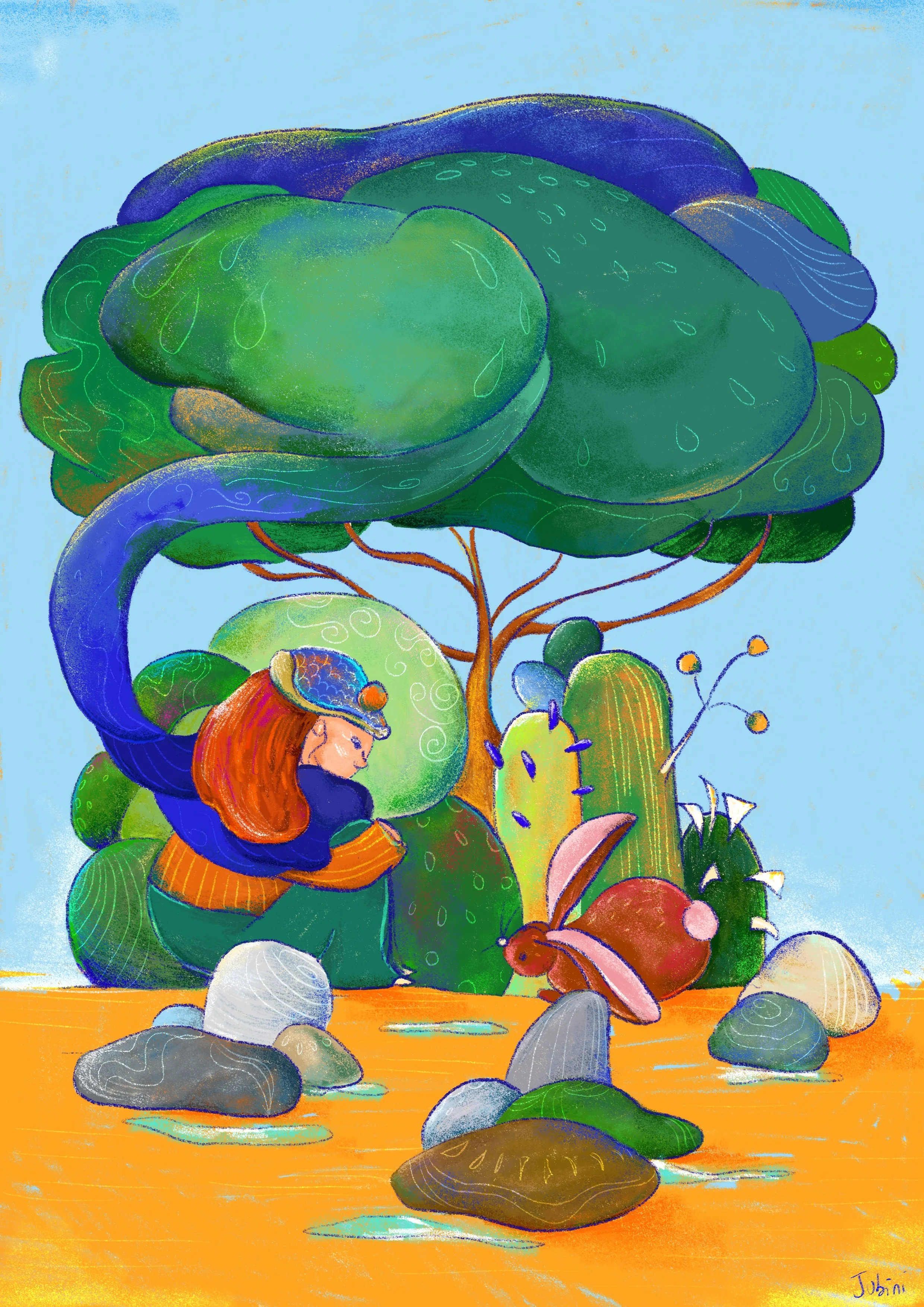 Una ragazza con lunghi capelli rossi seduta vicino ad un ruscello, circondata da grandi foglie verdi, funghi, rocce e un uccellino rosa. Artwork in stile illustrativo con colori vivaci.