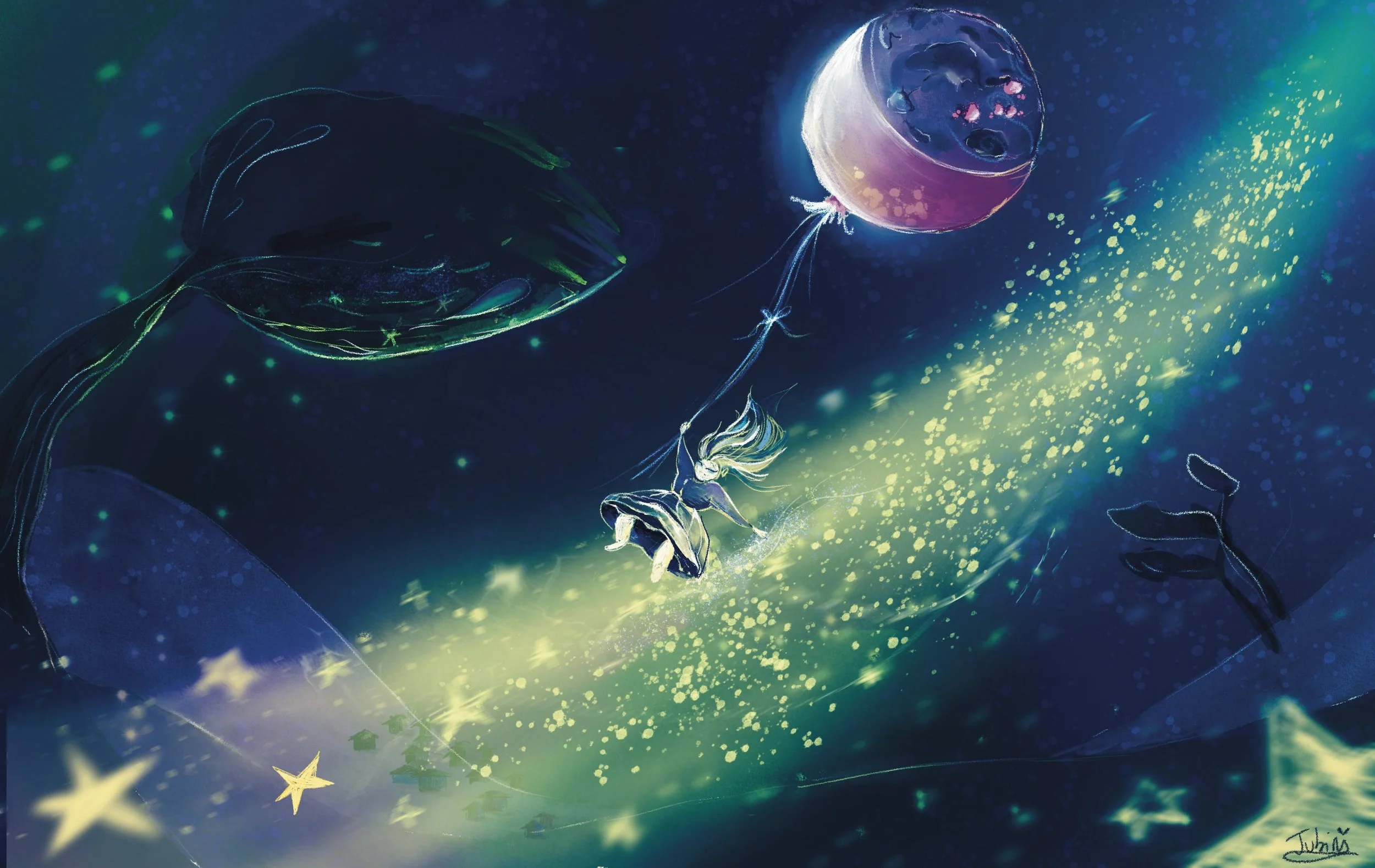 A fantasy image depicting a girl flying among stars and bright lights, holding a colorful moon-balloon with a happy face. The style is whimsical and fantastical, with a bold use of neon colors and lighting effects.