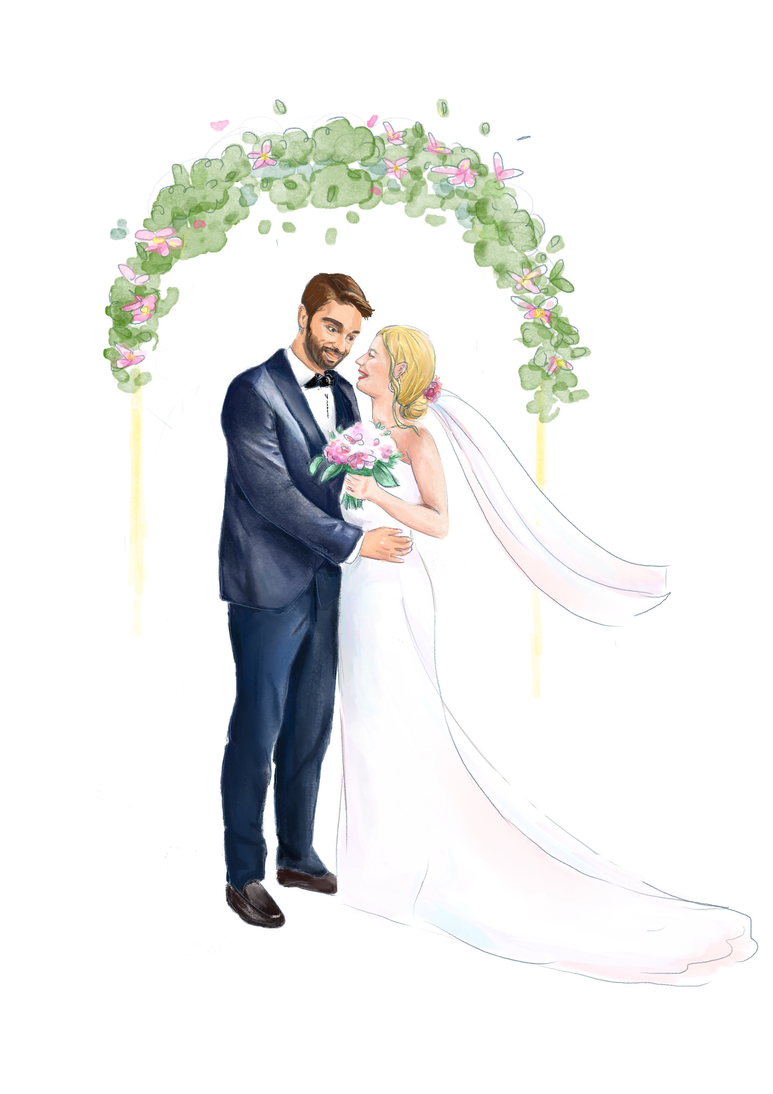 Portrait of a newlywed couple holding hands under an arch of flowers and green leaves, with the bride holding her bridal bouquet.
